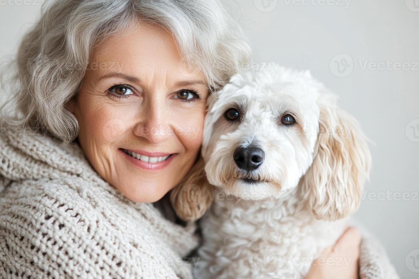 A joyful middle age woman with silver hair embraces her fluffy dog photo