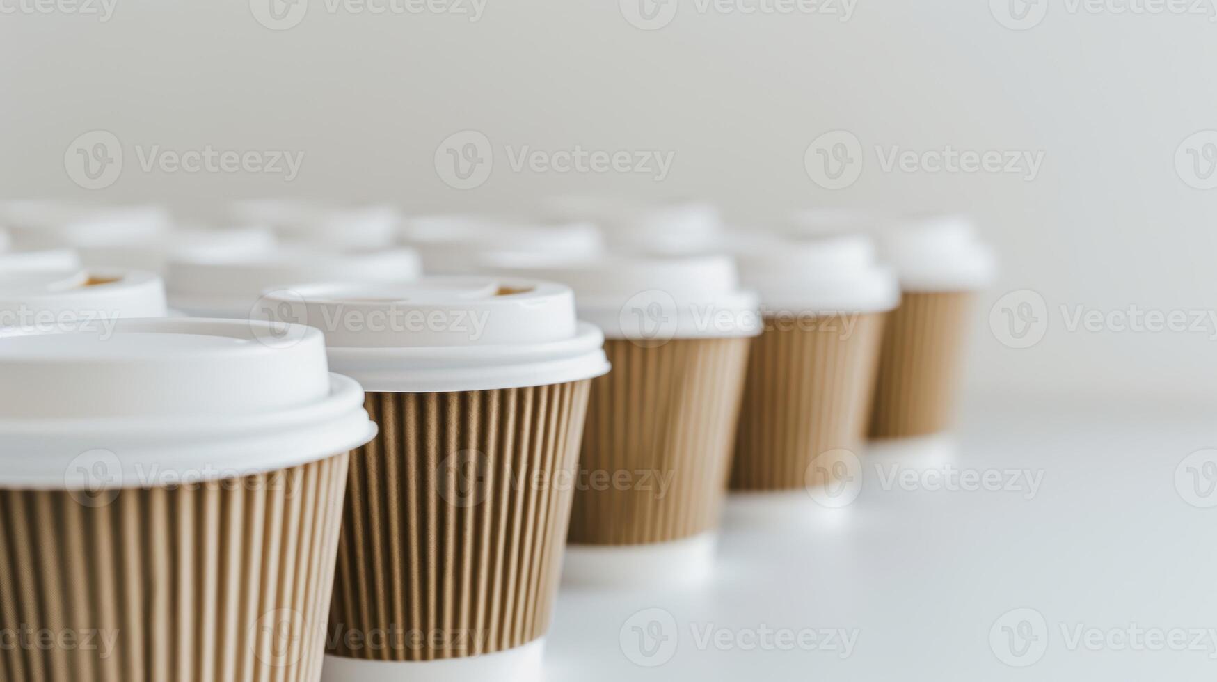 Row of disposable coffee cups with white lids on a clean white table photo