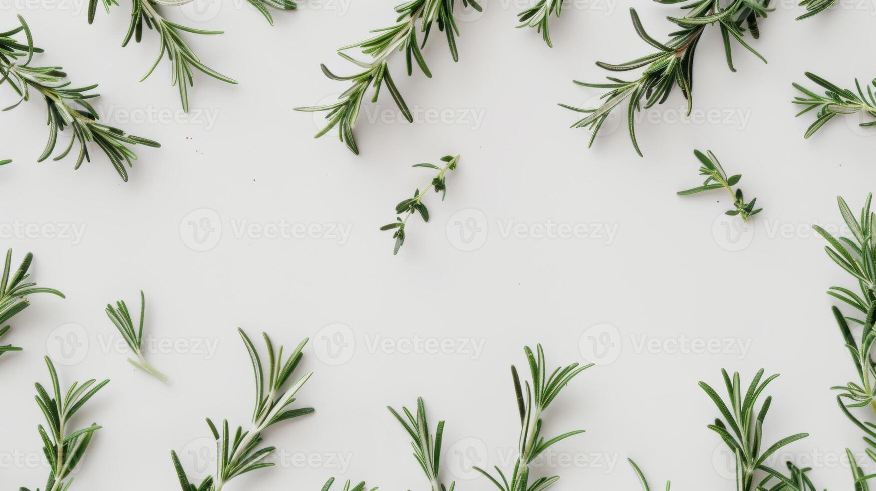 Rosemary and thyme sprigs forming a border on a white background with space for text in the center photo