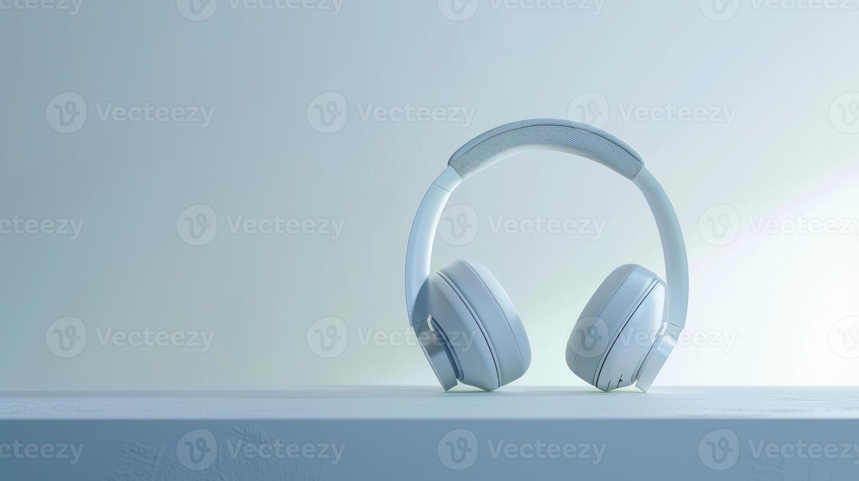 Modern wireless headphones with noise cancellation, standing on a table in a bright photo