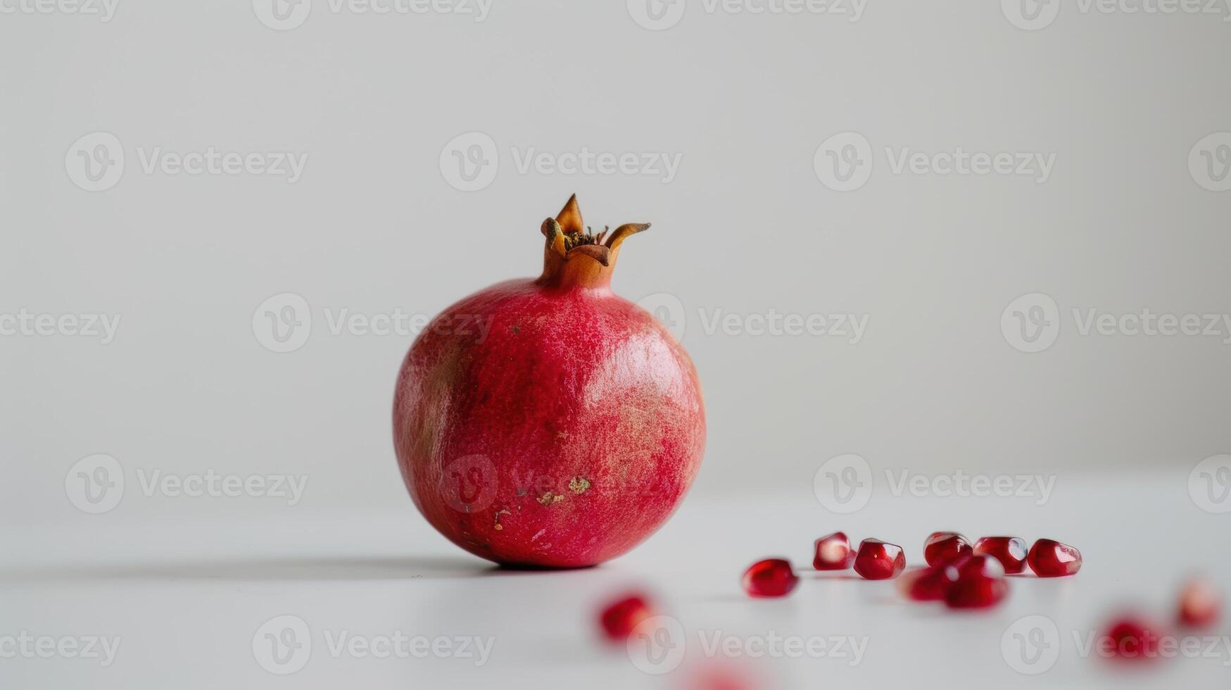 Red pomegranate fruit sits alone on a white surface, surrounded by scattered seeds photo