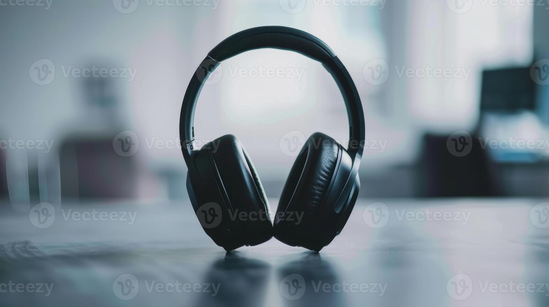 Blurred office background with black noise cancelling headphones placed on a table photo