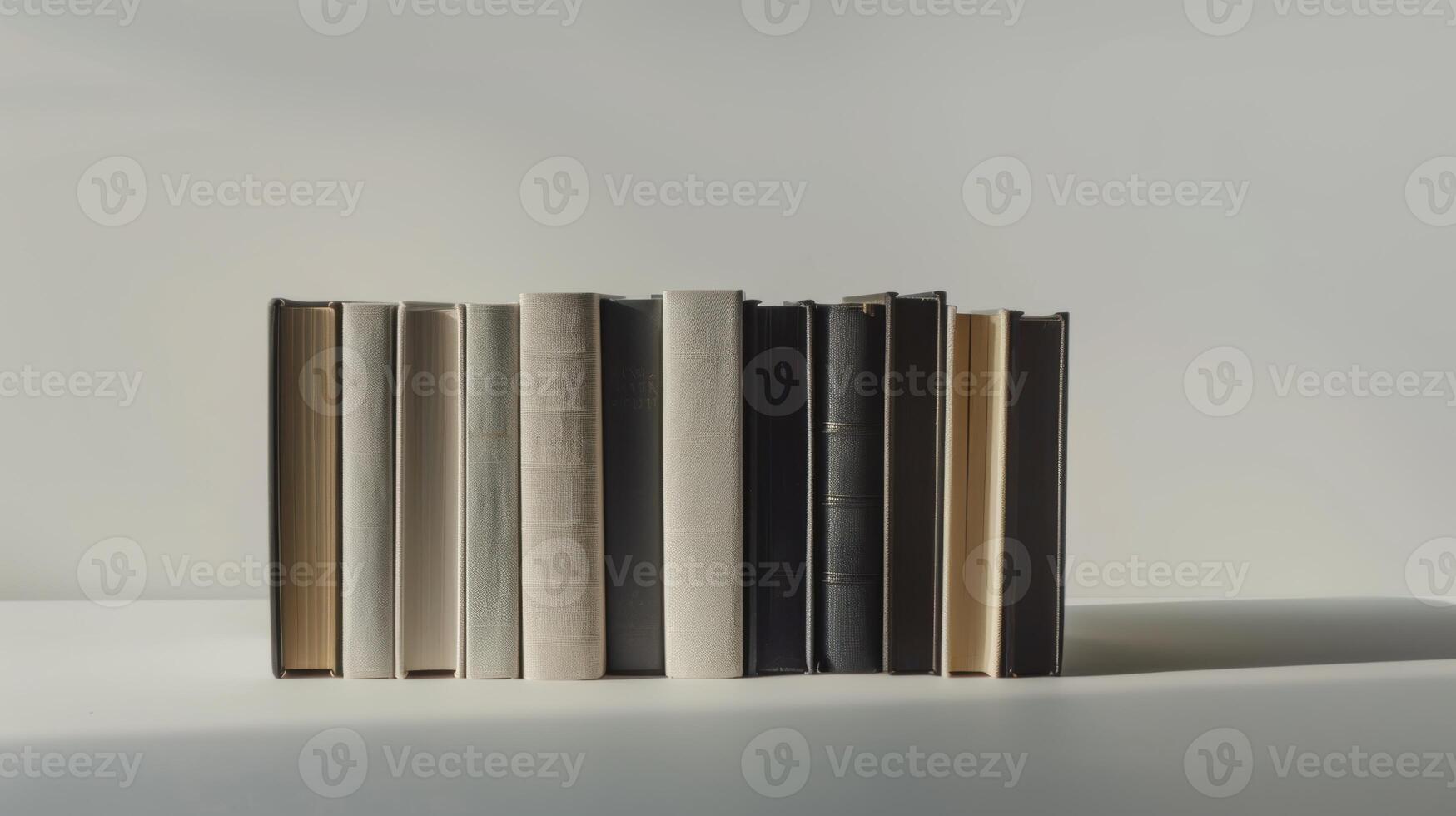 Row of old books is standing on a shelf with a white background photo