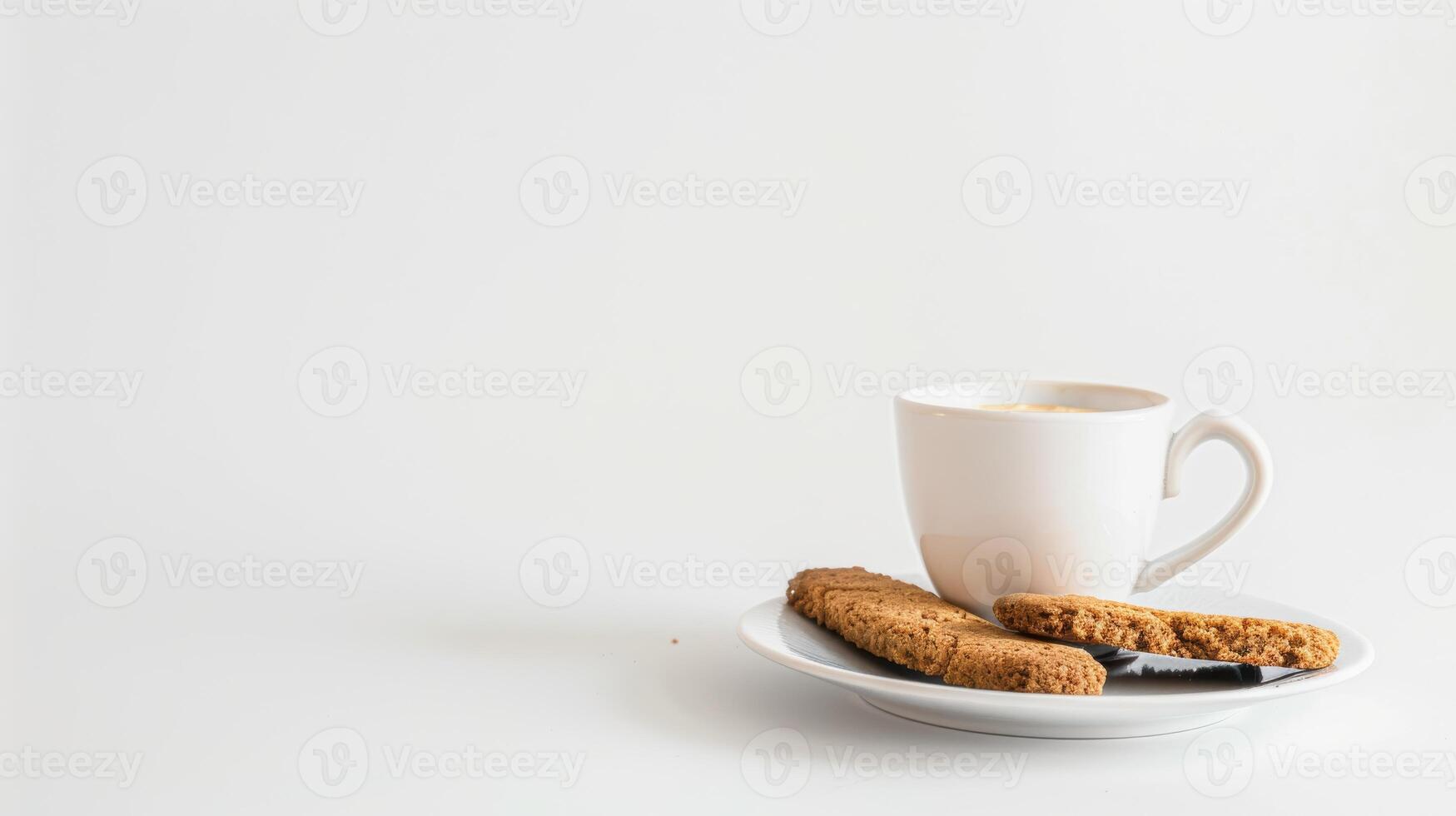 Image of a white coffee cup on a white surface with two whole grain cookies on a plate photo