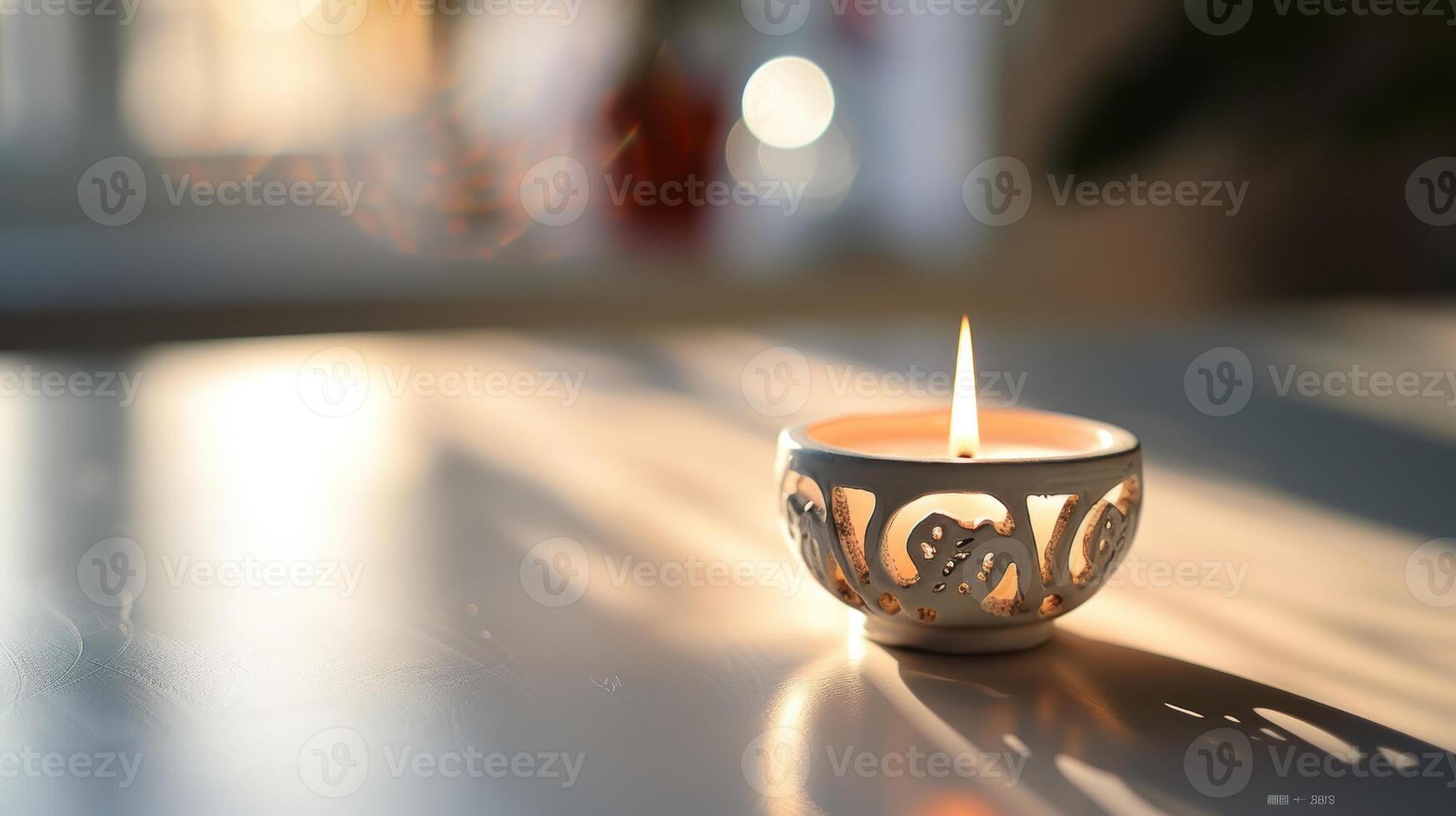 Morning sunlight casts shadows from a burning white candle in an elaborate holder onto the table photo