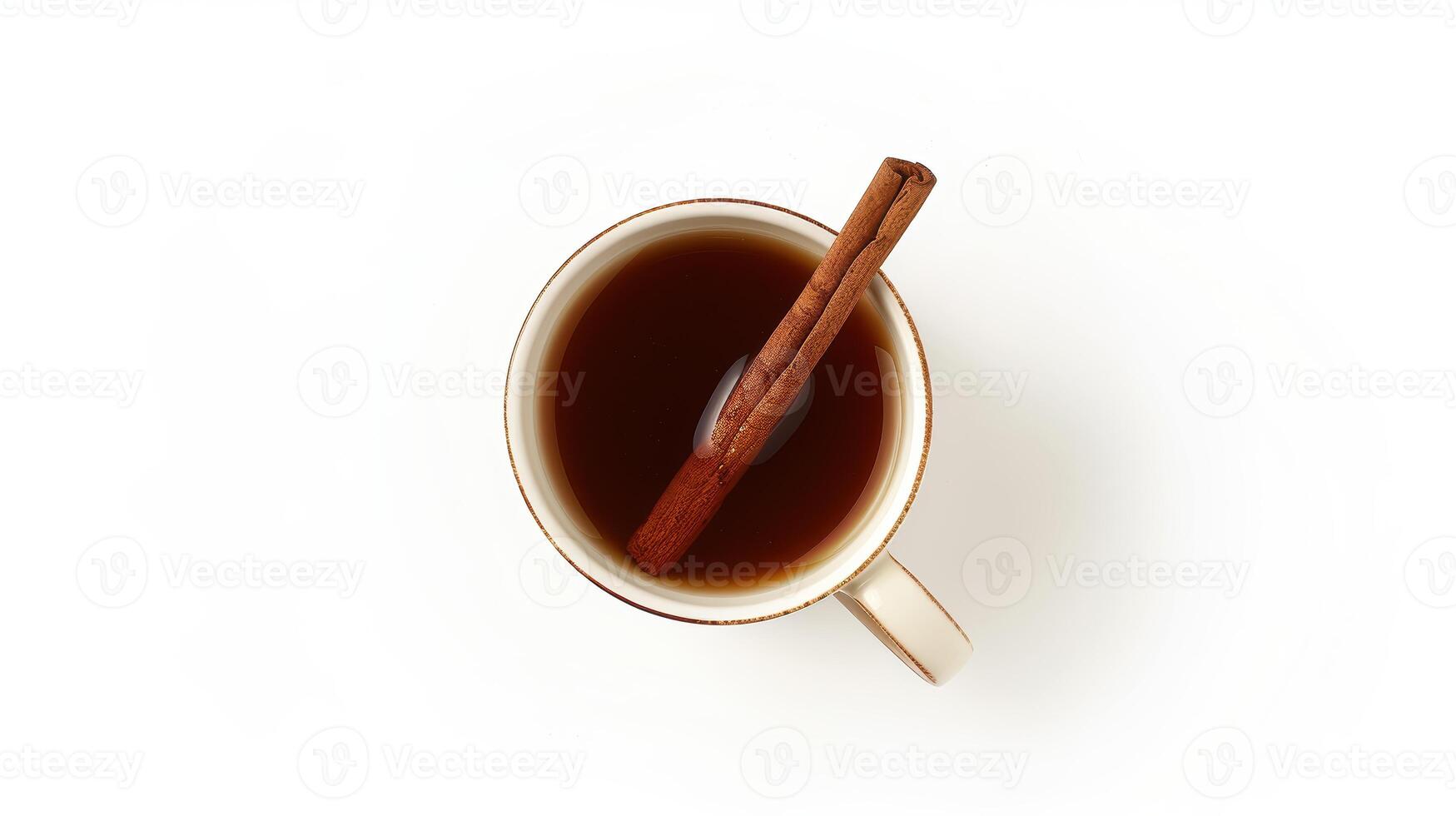 Cinnamon stick adds flavor to a cup of hot drink on a white background photo