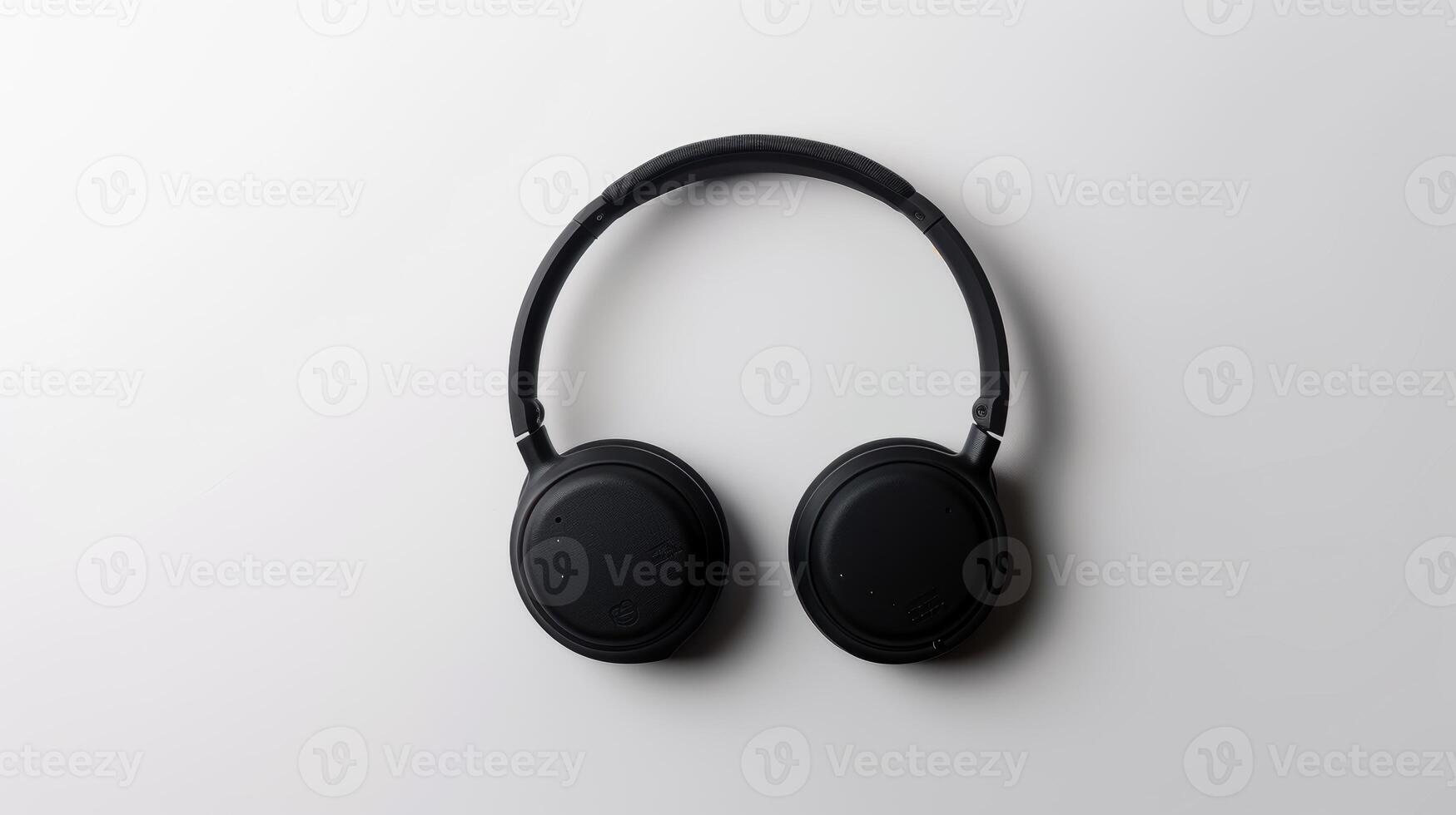 Black wireless headphones resting on a clean white surface with a minimalist design photo