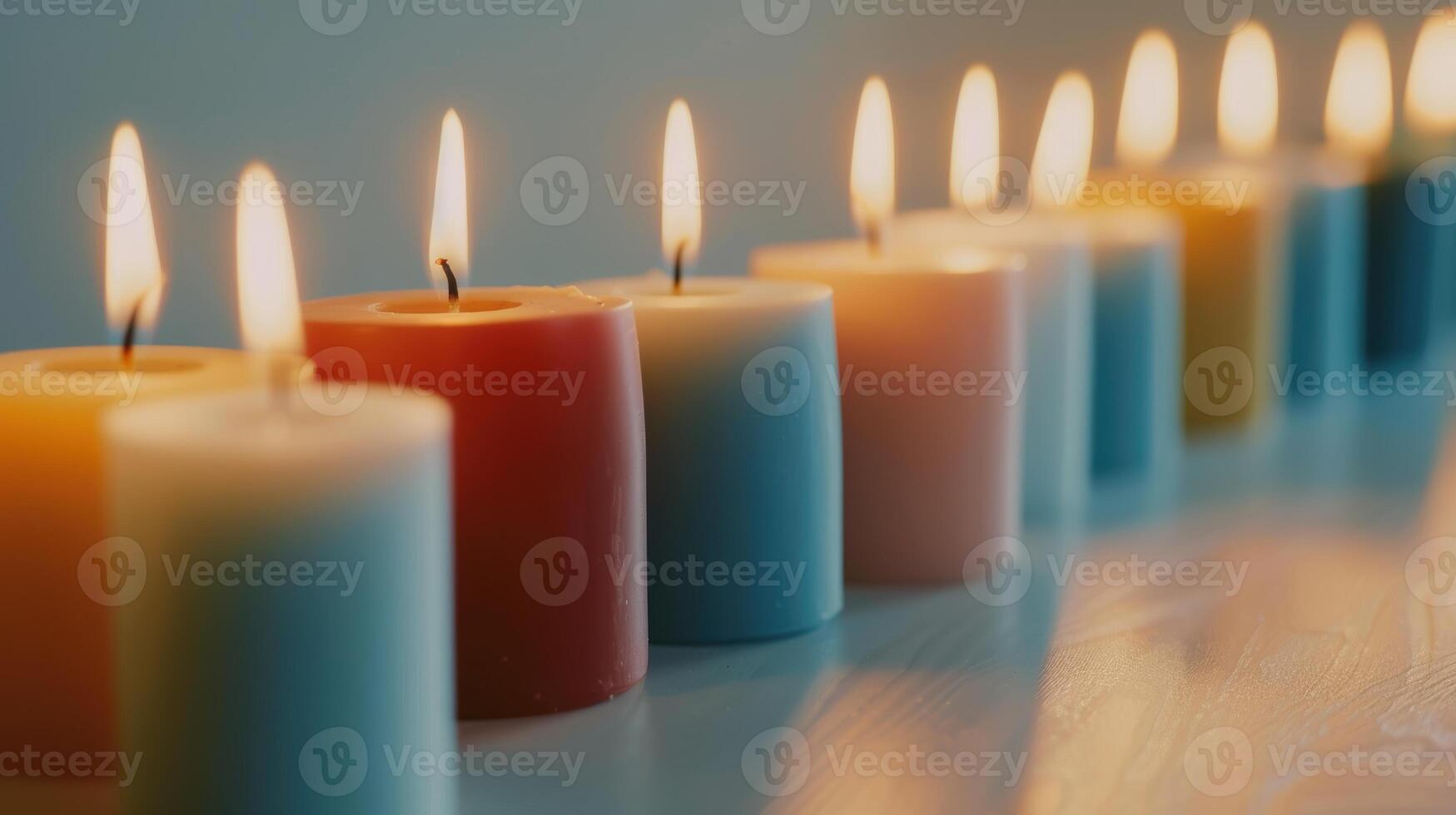 Line of vibrant candles glowing brightly, creating a cozy and welcoming atmosphere photo