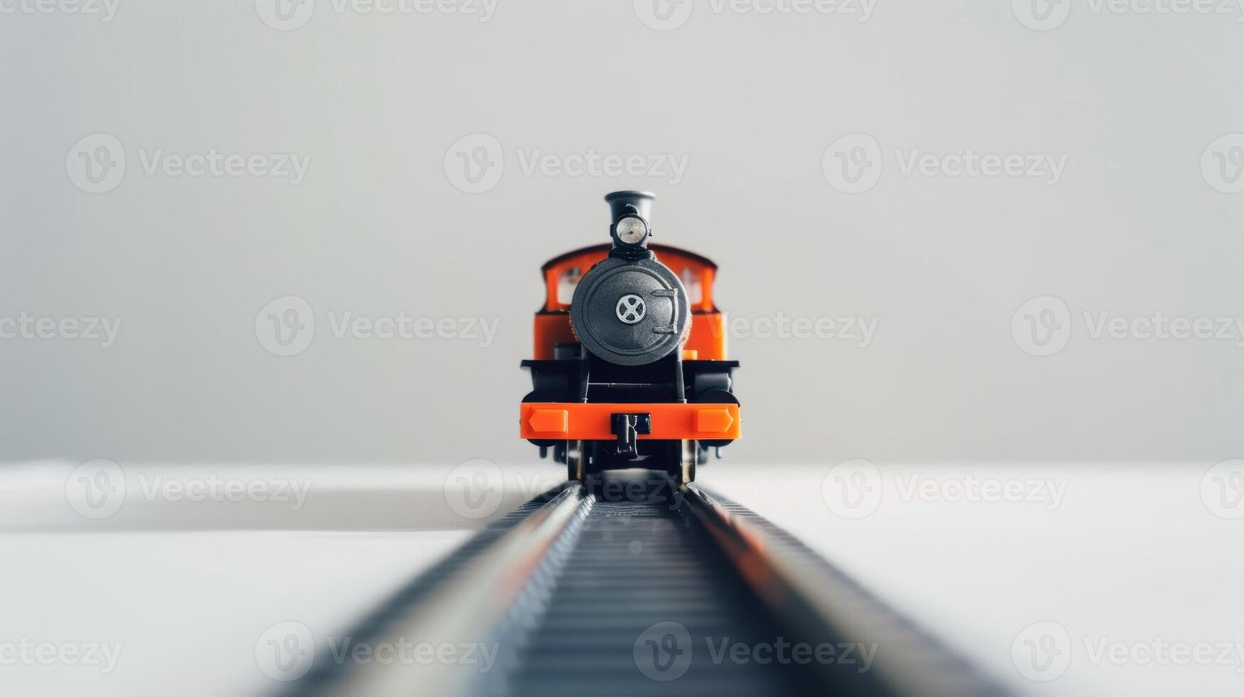 Orange toy train sits on model tracks, ready for a journey. photo