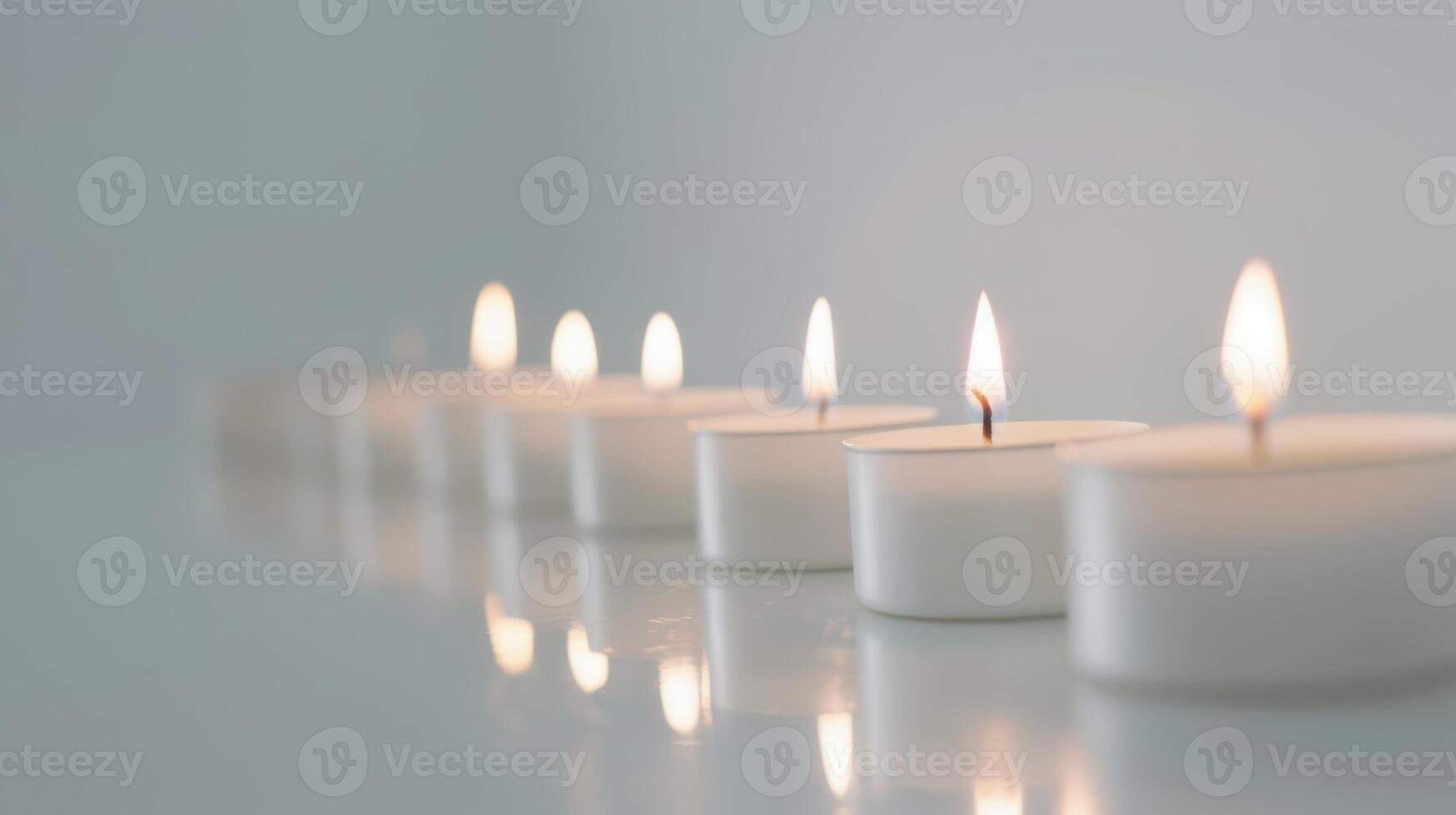 Line of white tea lights glowing on a shiny surface, evoking a calm and tranquil ambiance photo