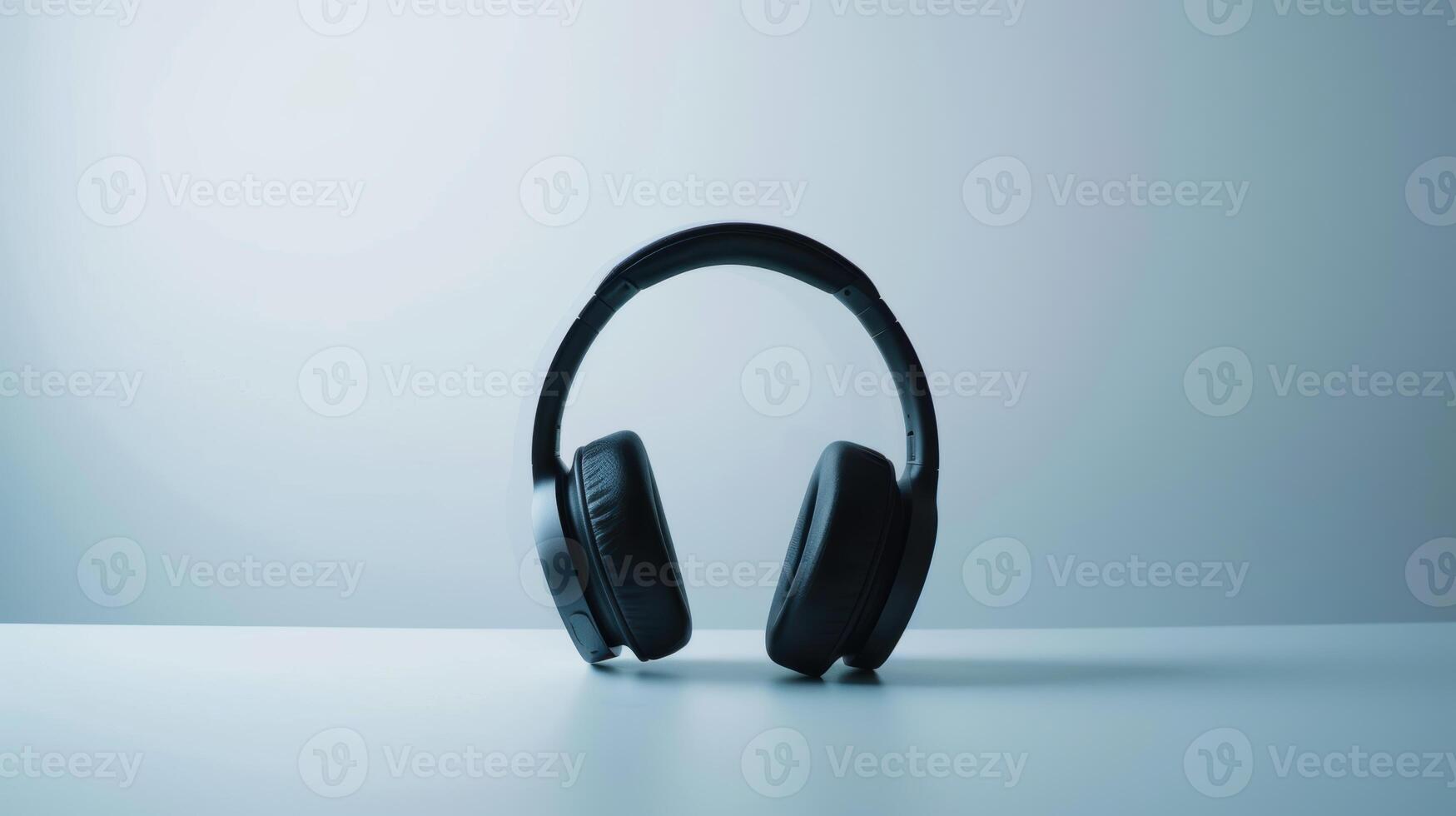 Black wireless headphones are placed on a white table with a light blue background photo
