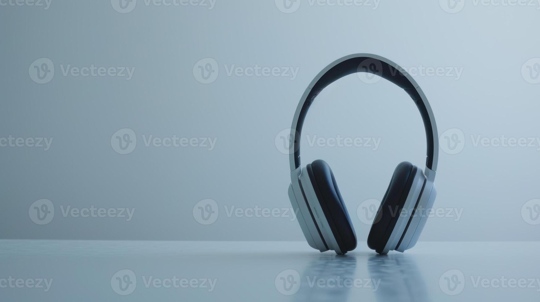 Modern wireless headphones with noise cancellation, placed on a reflective surface photo