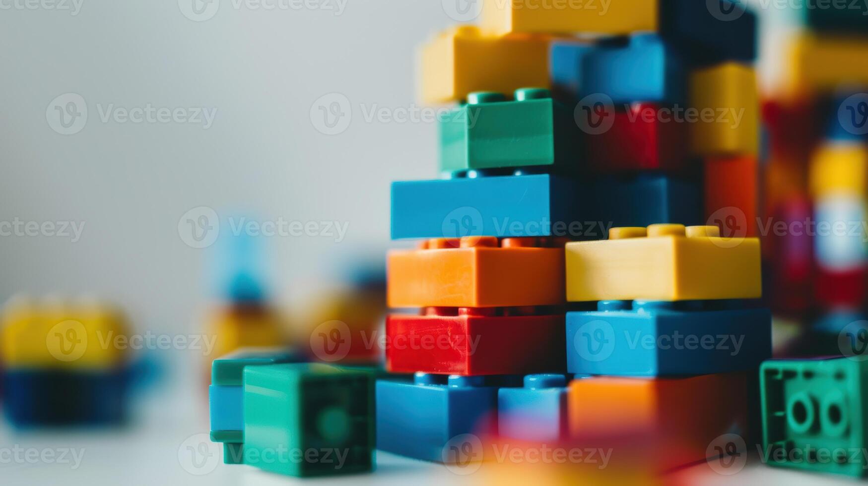 Vibrant toy blocks piled high to form a tall and lively structure on a blank backdrop photo