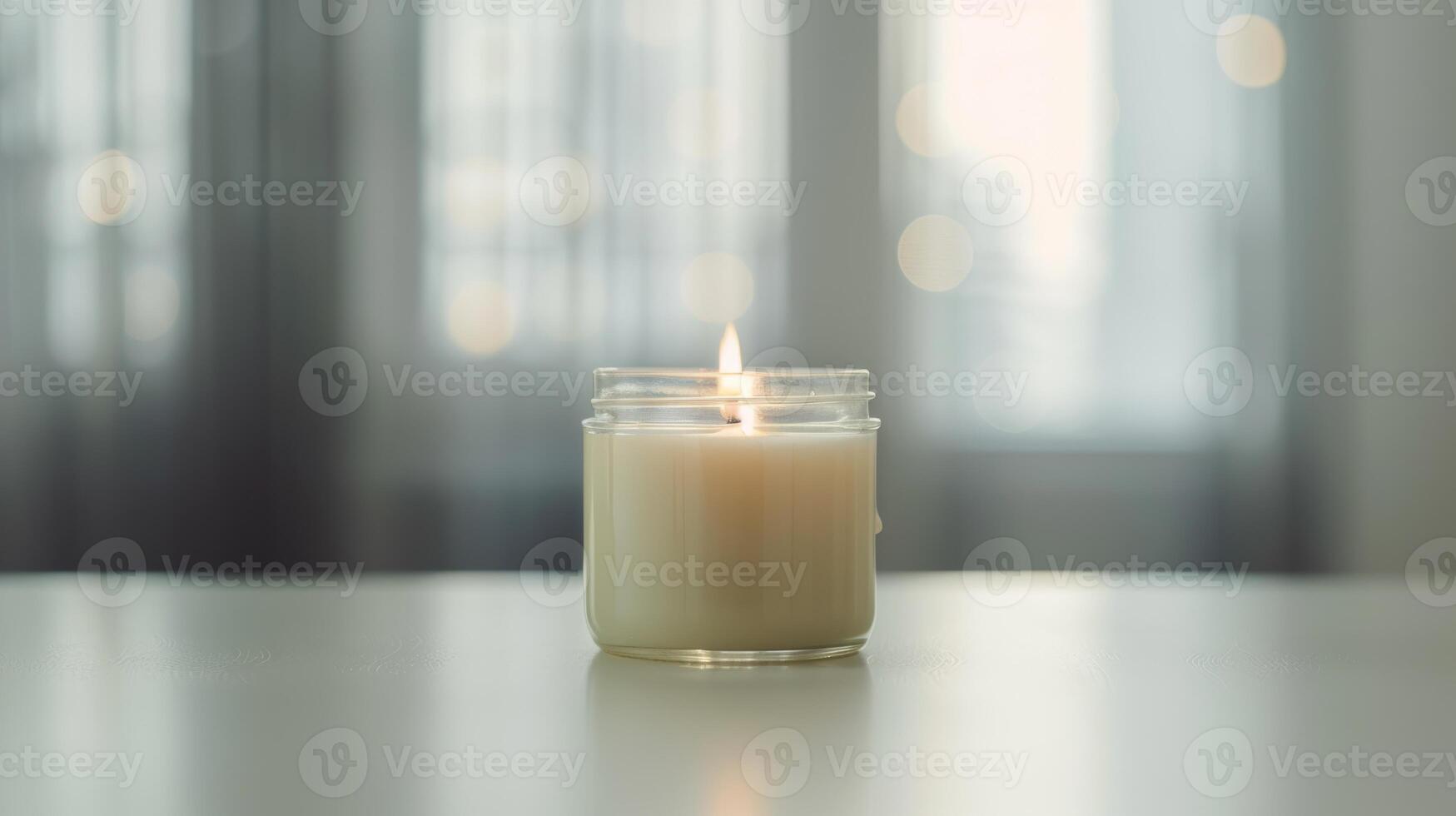 Glowing scented candle in a glass sits on a table, adding warmth to a well-lit room photo