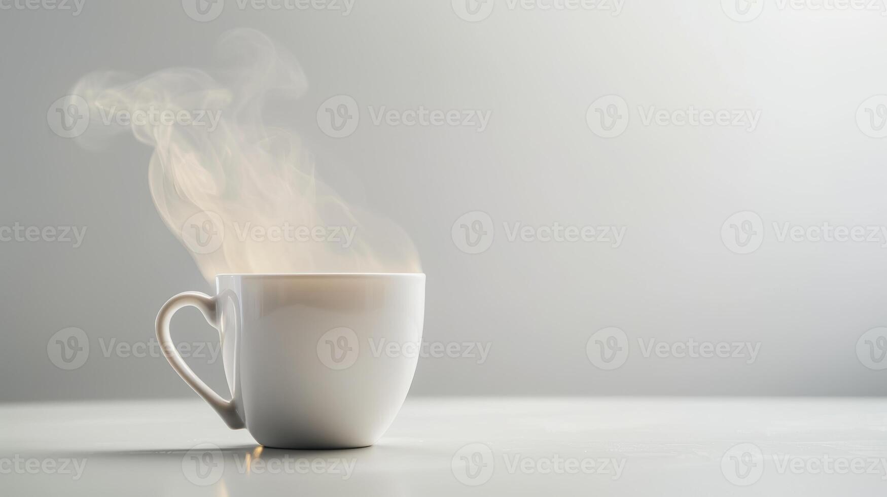 Steaming white coffee cup on gray table, cozy atmosphere photo