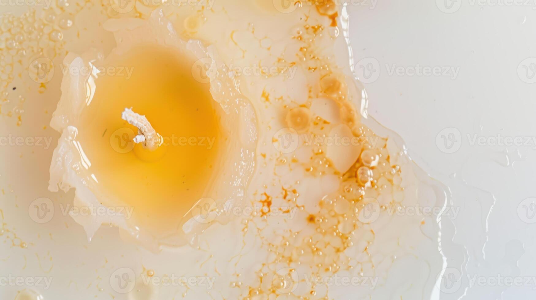 Abstract pattern of melted wax and a wick around an extinguished candle on a white surface photo