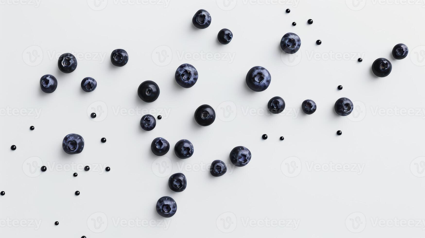 Fresh blueberries and drops of juice scattered on white background forming a texture, top view photo