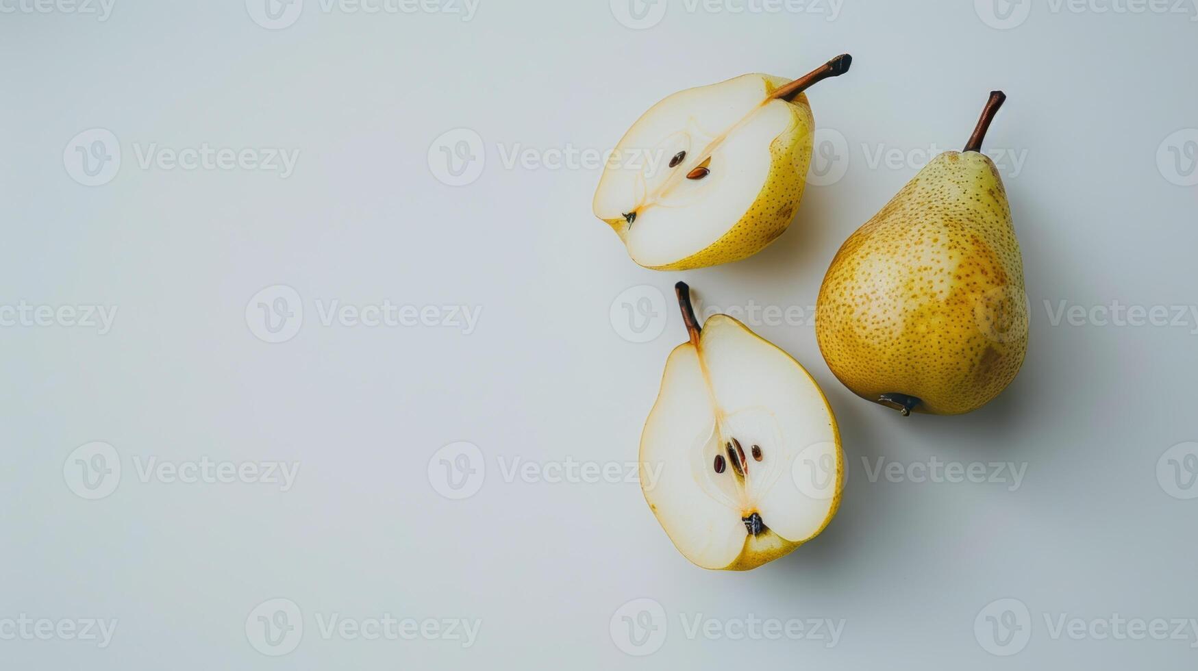 Fresh, ripe pears on white background, vibrant colors, healthy snack photo