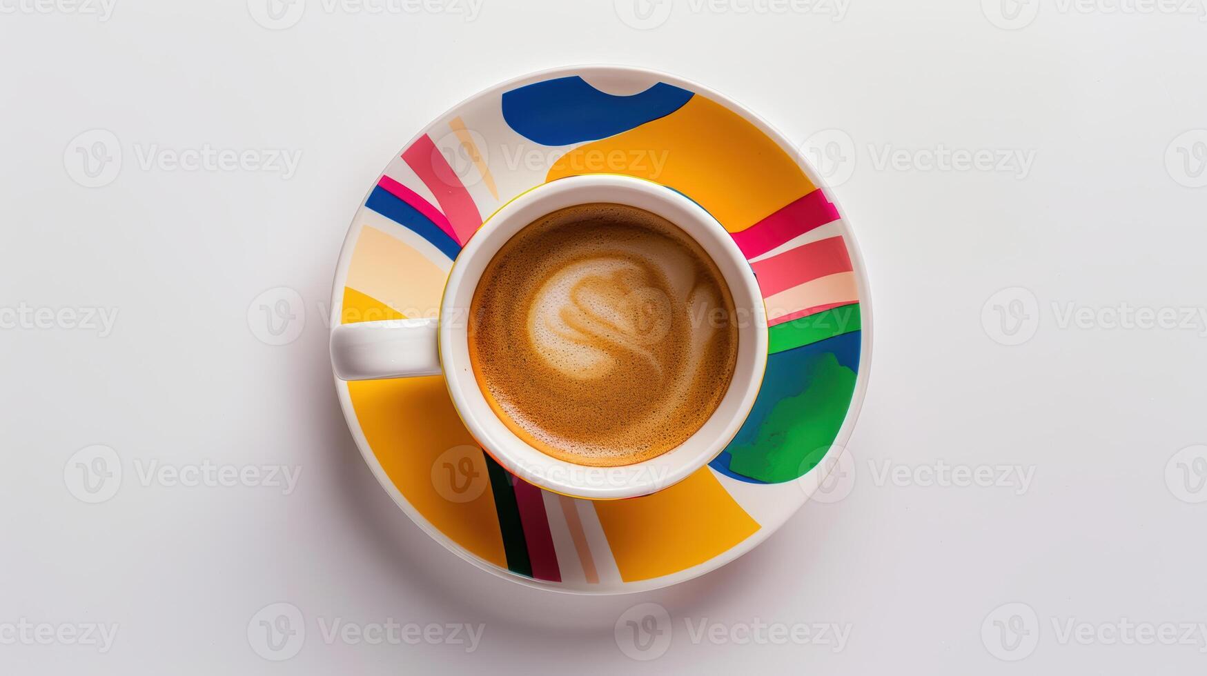 Start your day with a vibrant cup of coffee featuring latte art, resting on a colorful saucer photo