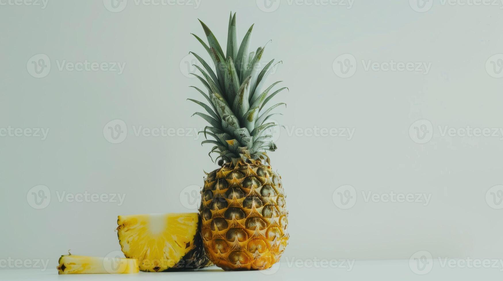 Whole pineapple with sliced pieces on a white table against a simple backdrop photo