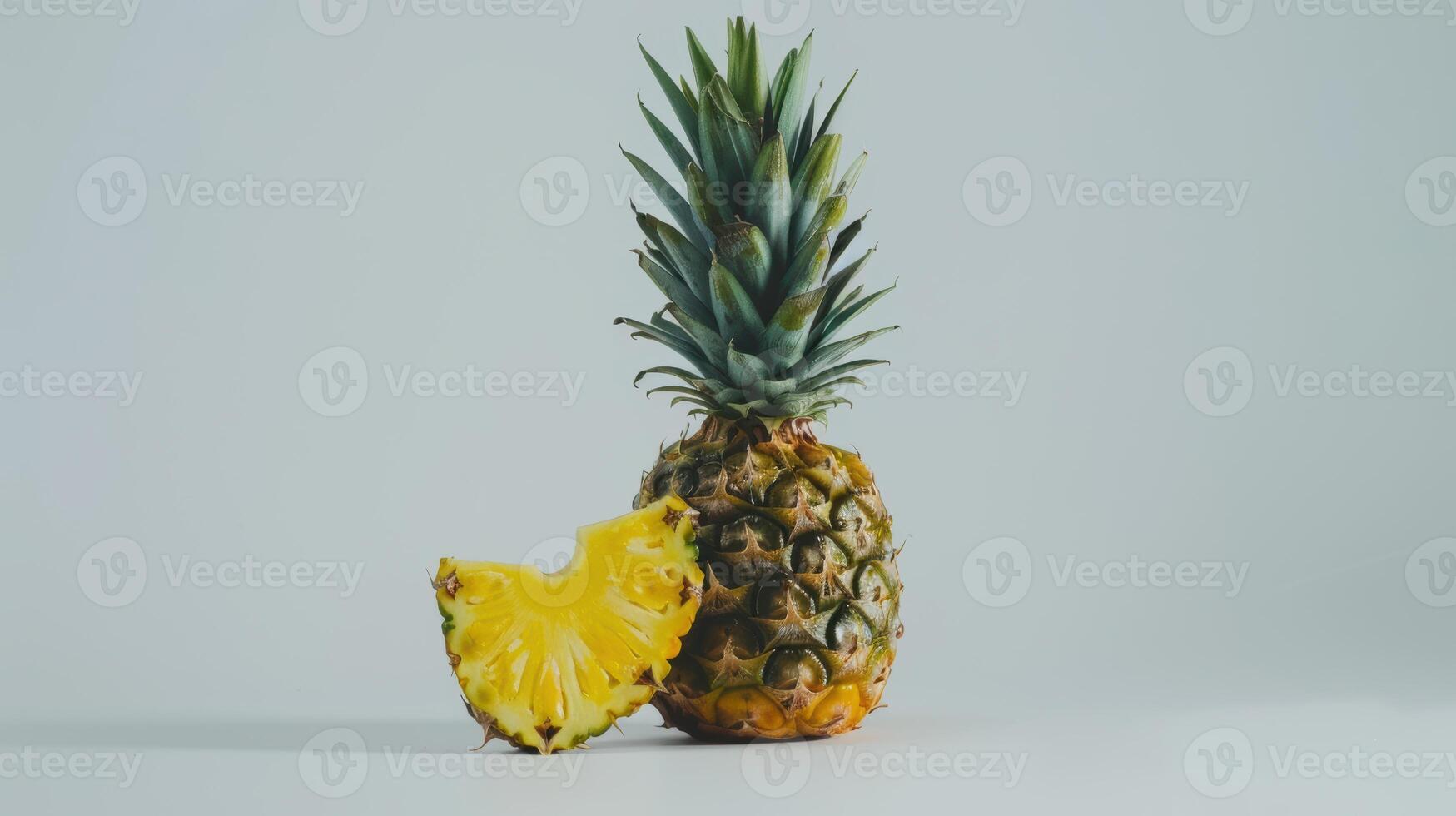 Whole pineapple standing tall with a slice cut out, revealing its juicy yellow interior photo