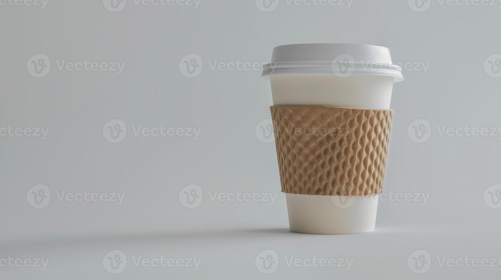 White disposable coffee cup with a cardboard sleeve on a pristine white surface photo