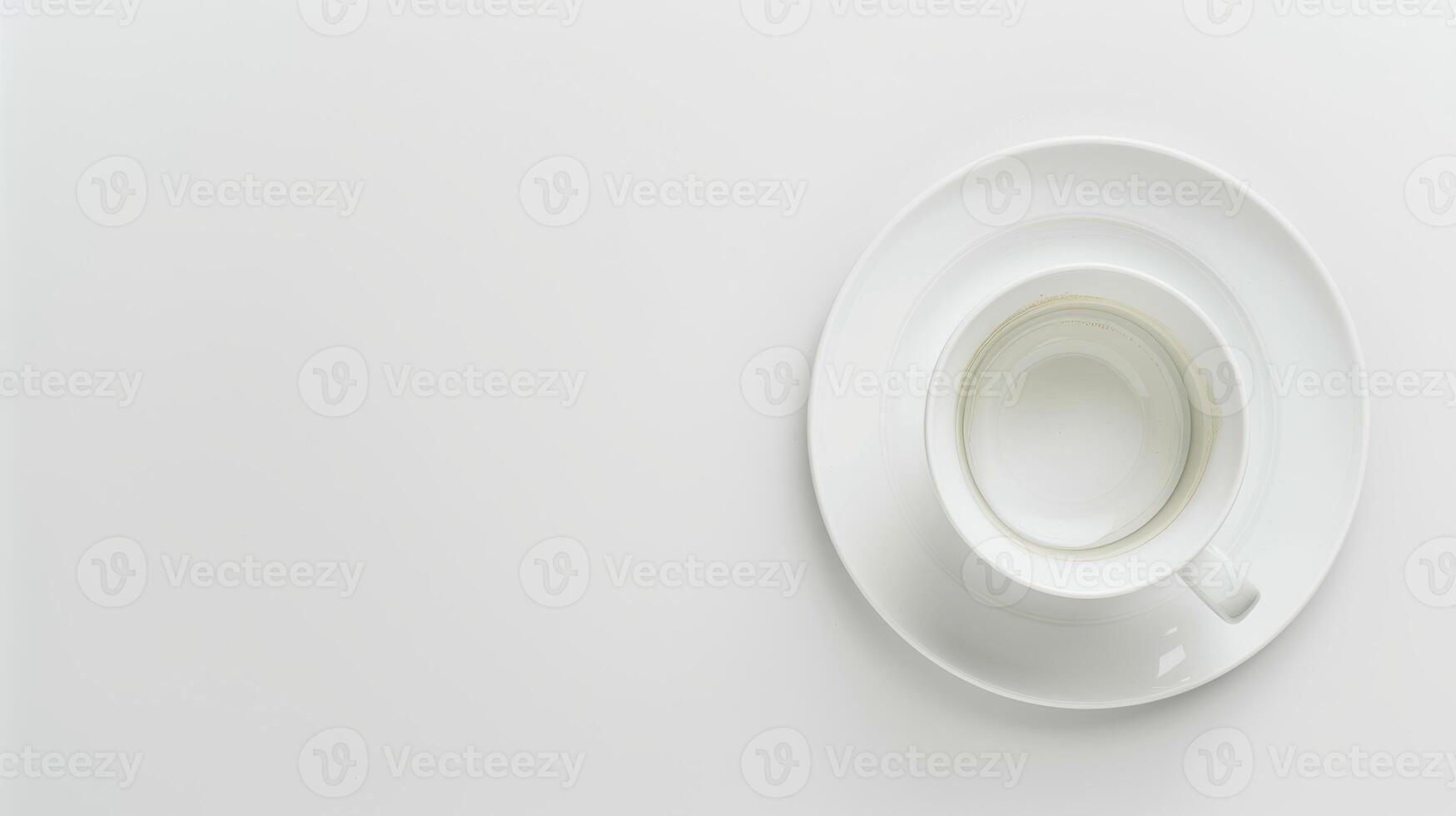 White coffee cup and saucer rest on a blank white surface, exuding a sleek and minimalistic vibe photo