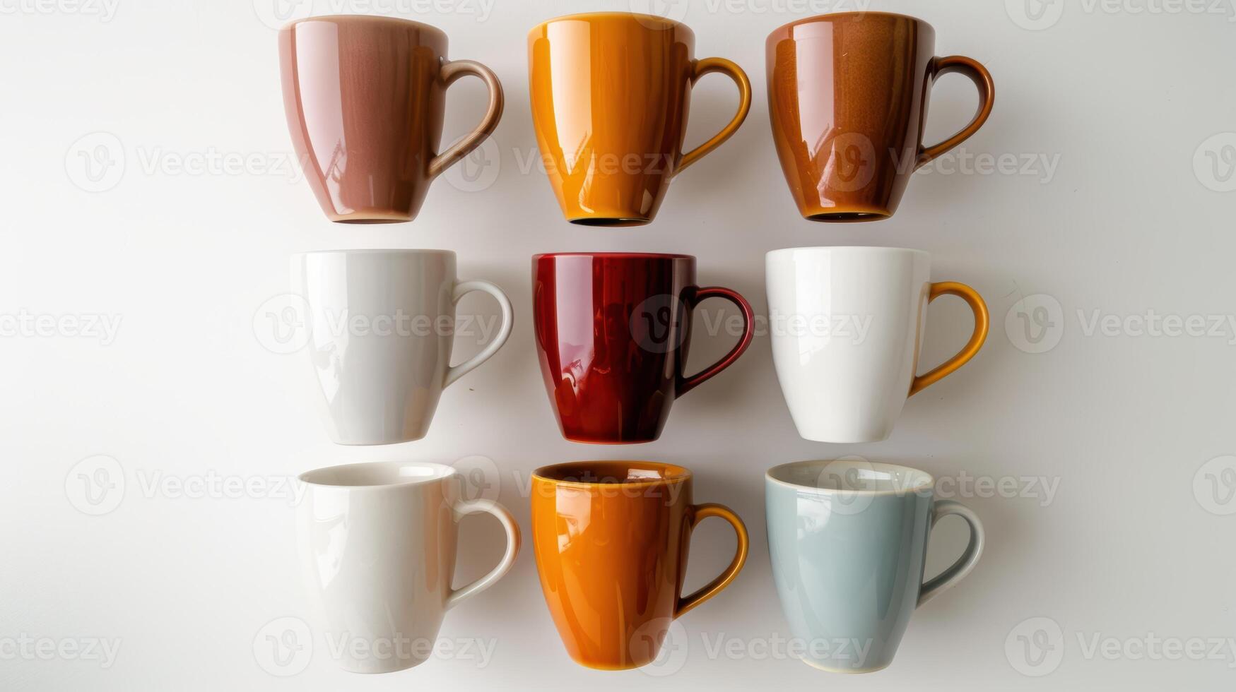 Square of nine vibrant coffee mugs creates a contemporary and chic look against a white backdrop photo