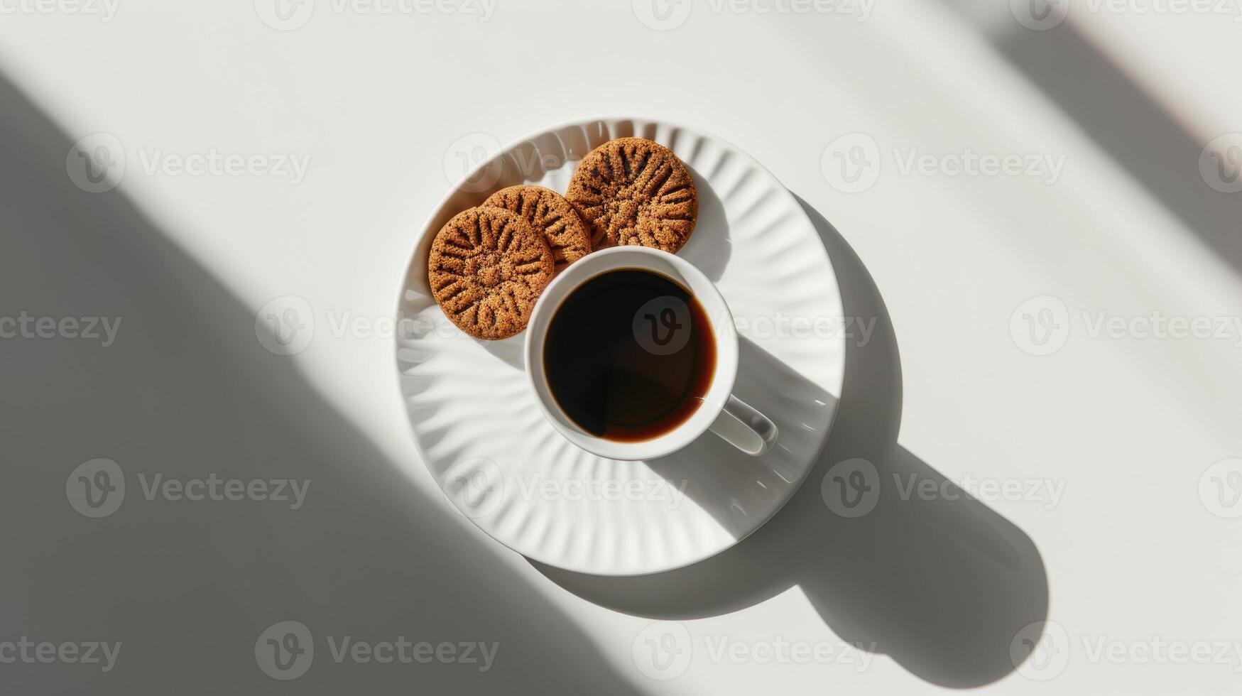 Steamy black coffee in a white mug resting on a saucer with cookies nearby photo