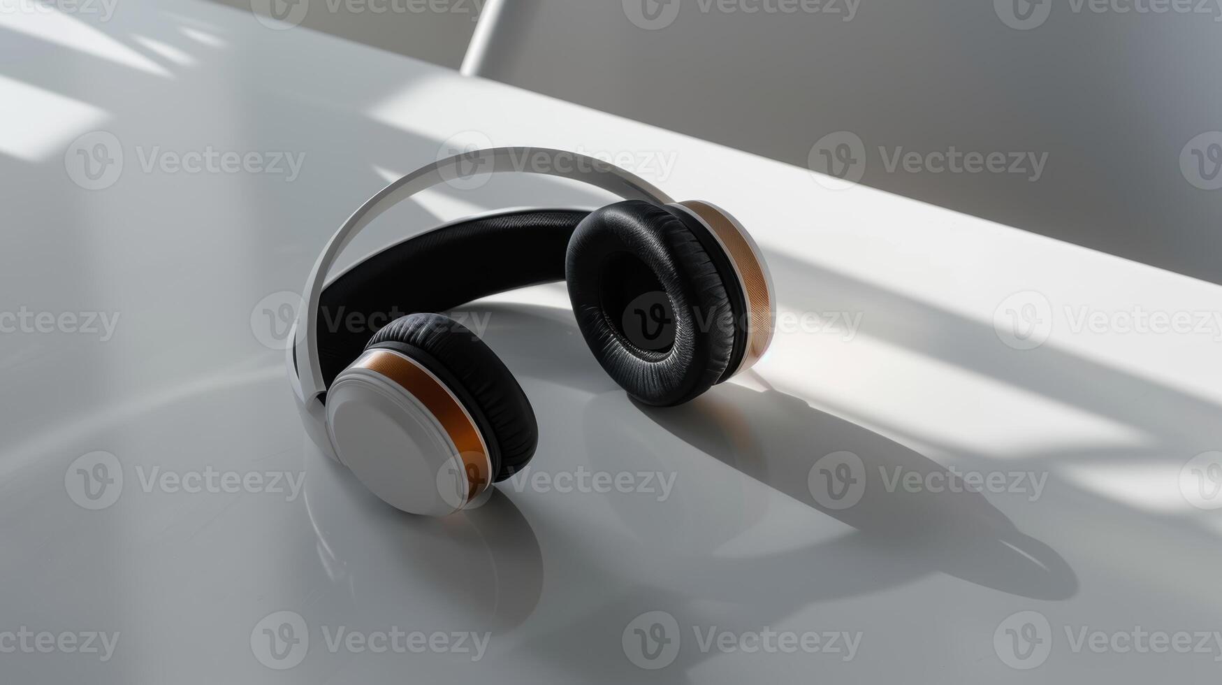Modern wireless headphones with black earcups and a white headband rest on a white table. photo