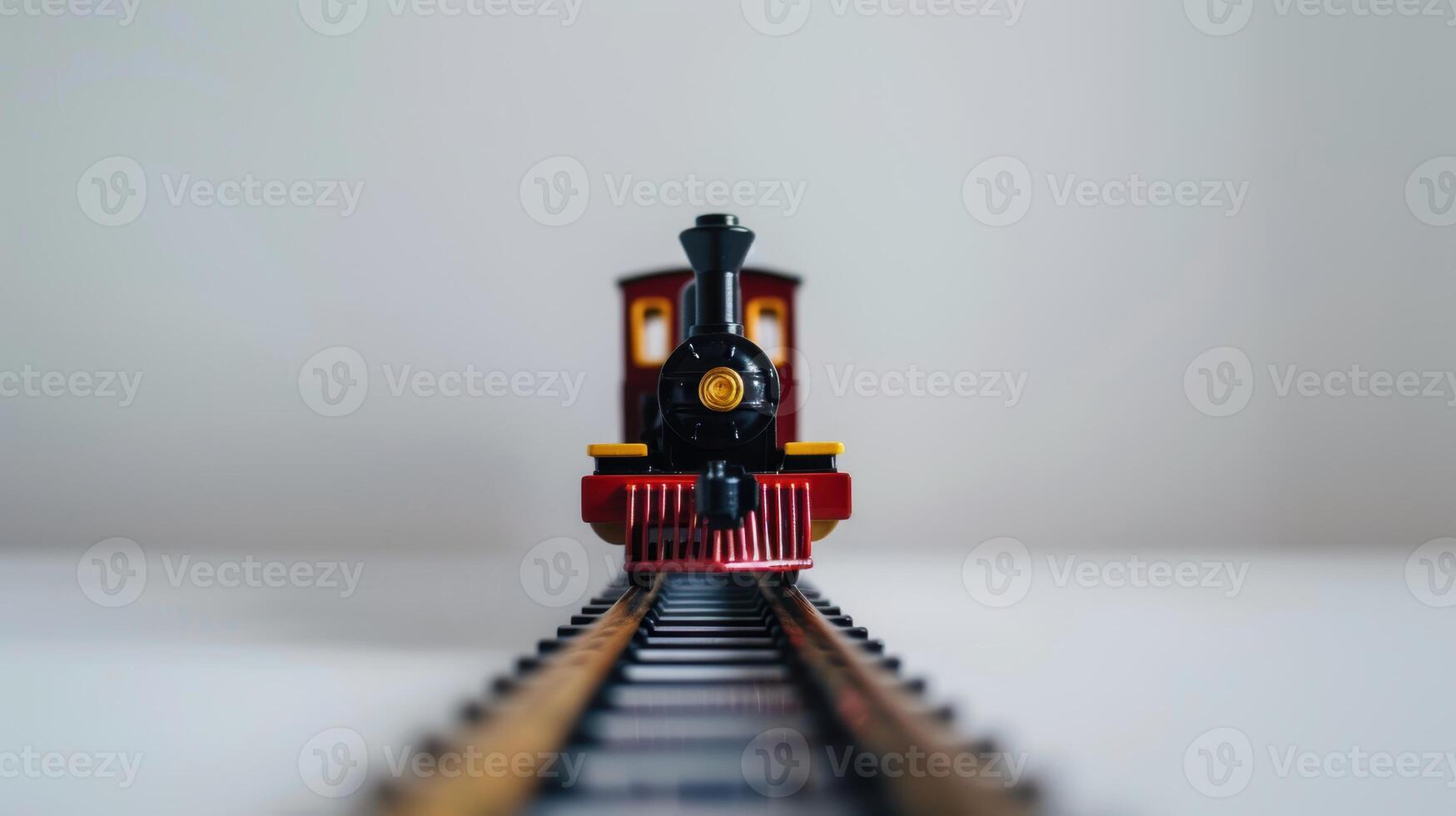 Vibrant red toy train on miniature railroad track, against clean white background photo