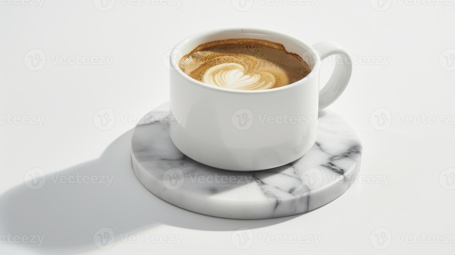 White cup of coffee with latte art placed on a round marble coaster against a white backdrop photo