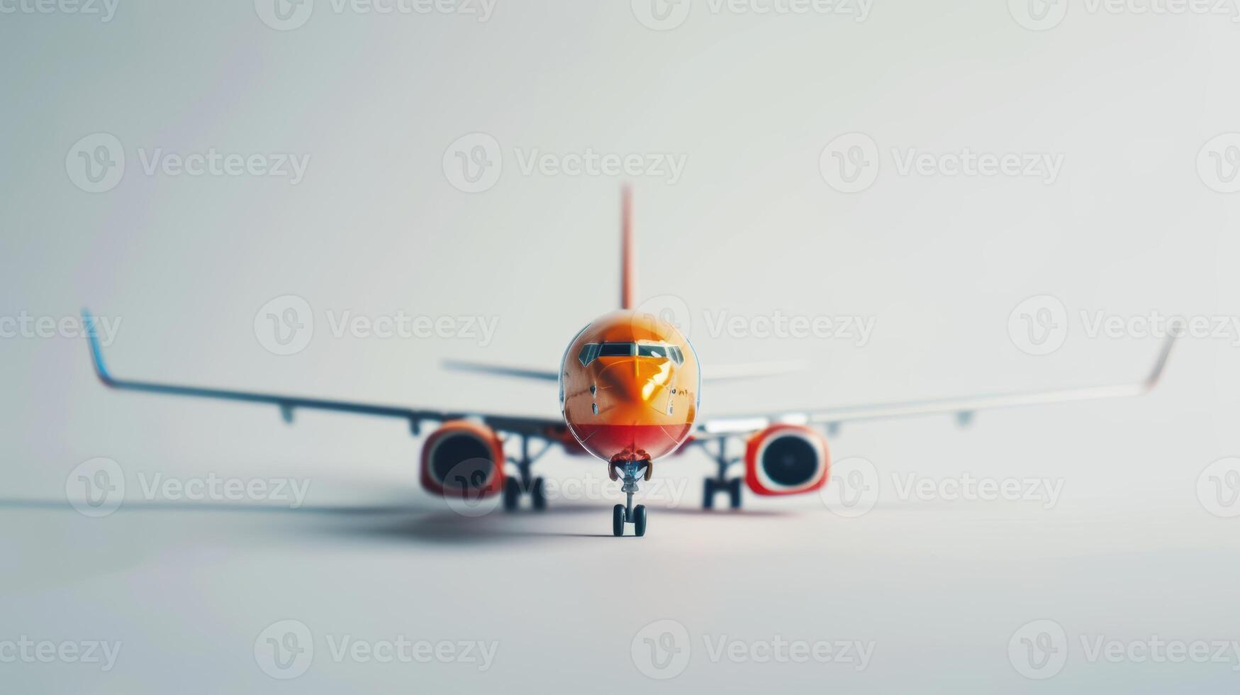Miniature toy airplane stands on a blank white surface, symbolizing the idea of aviation photo