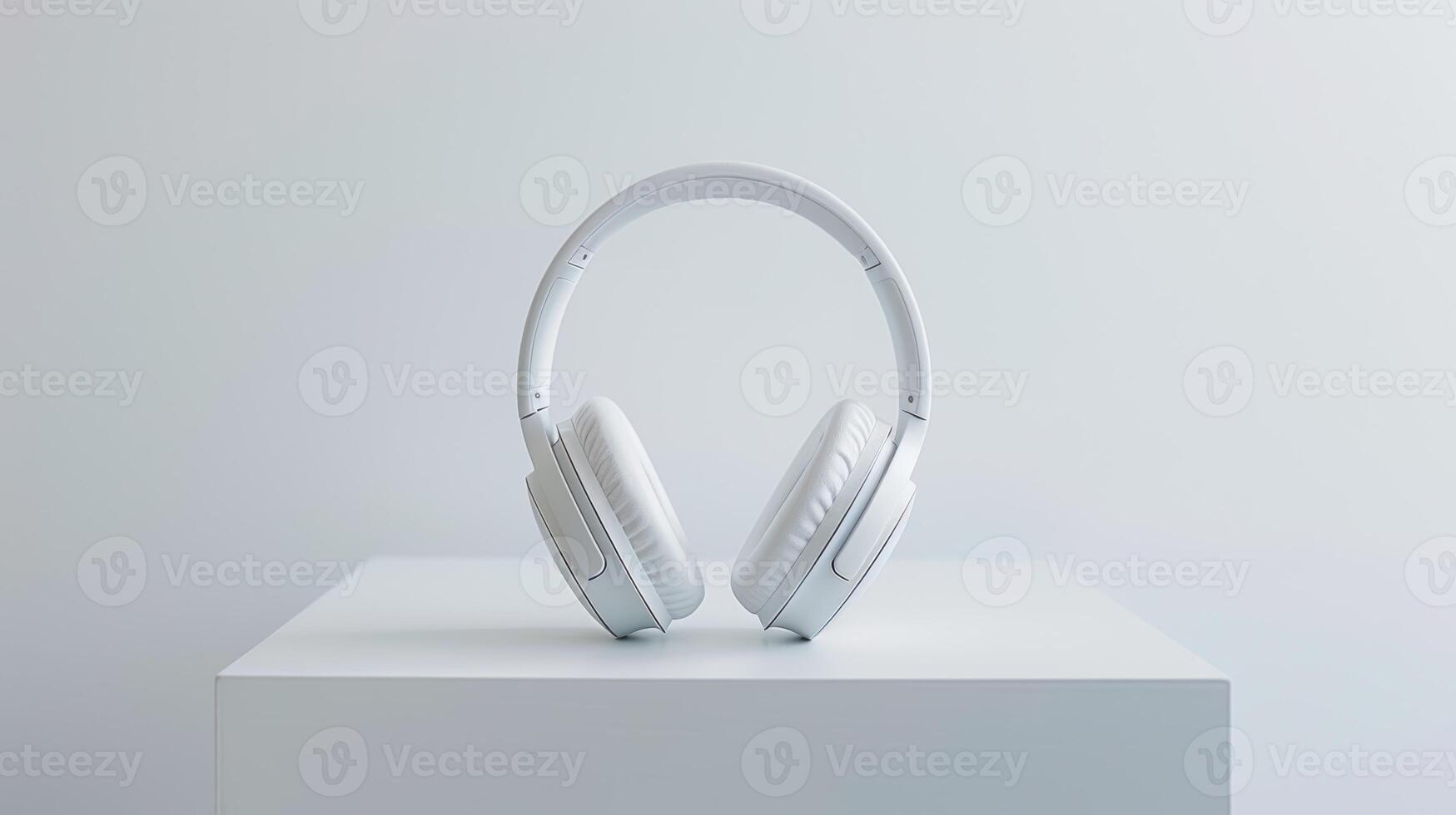 White wireless headphones placed on a white surface with a white background photo
