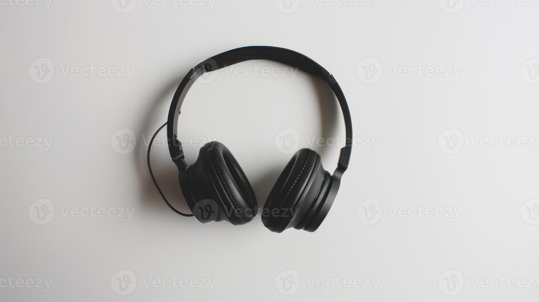 Black headphones placed on a clean white surface, evoking associations with music. photo