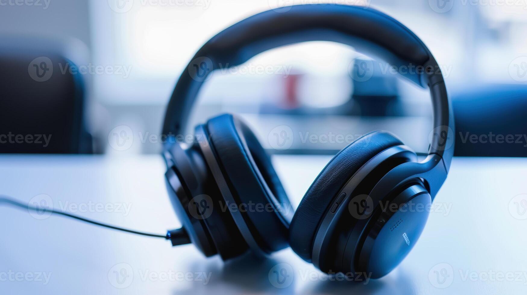 Black wireless headphones resting on a desk in an office, prepared for a productive day photo