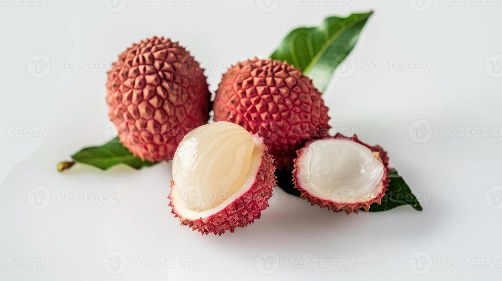 Ripe lychee fruits arranged on a white surface, some sliced open to reveal the juicy pulp and seeds photo