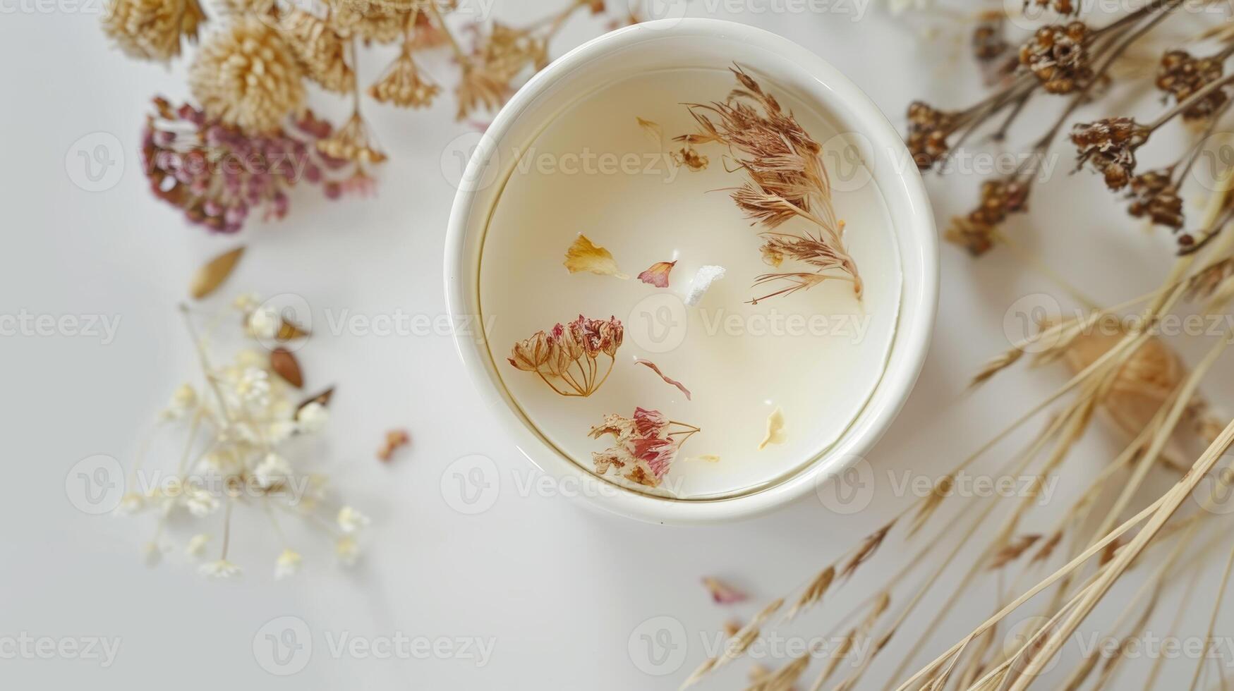 Soy candle with aromatic scent and dried flower decor sets a cozy and relaxing ambiance photo