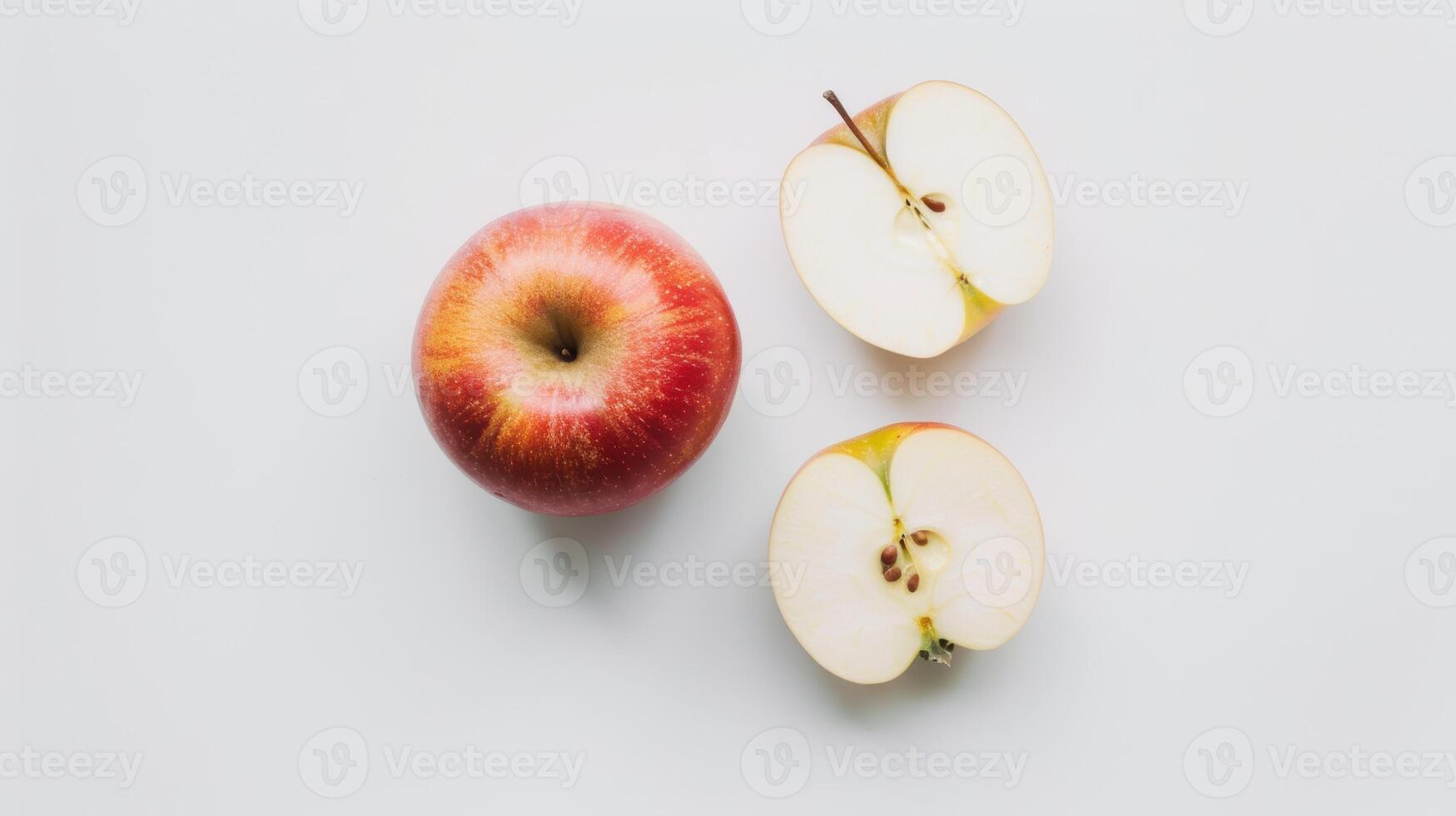 Direct top view of one whole red apple and two halves on a white background photo