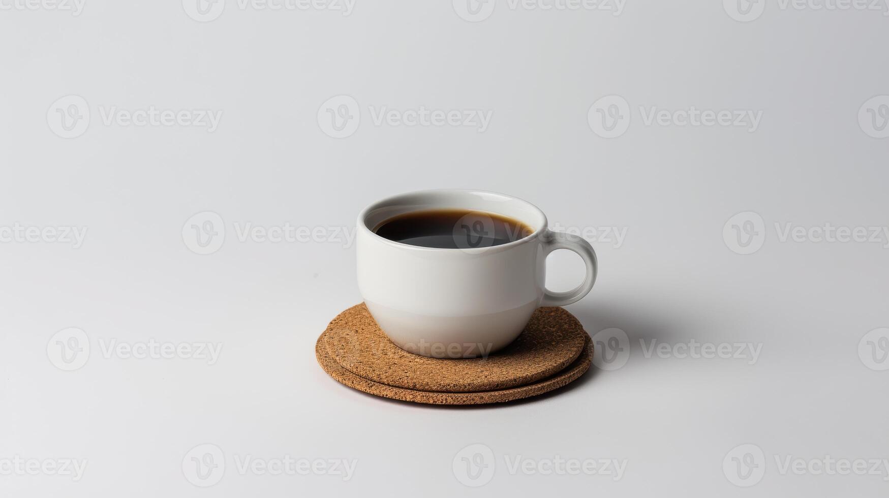 Black coffee fills a white cup placed on a round cork coaster against a white backdrop photo