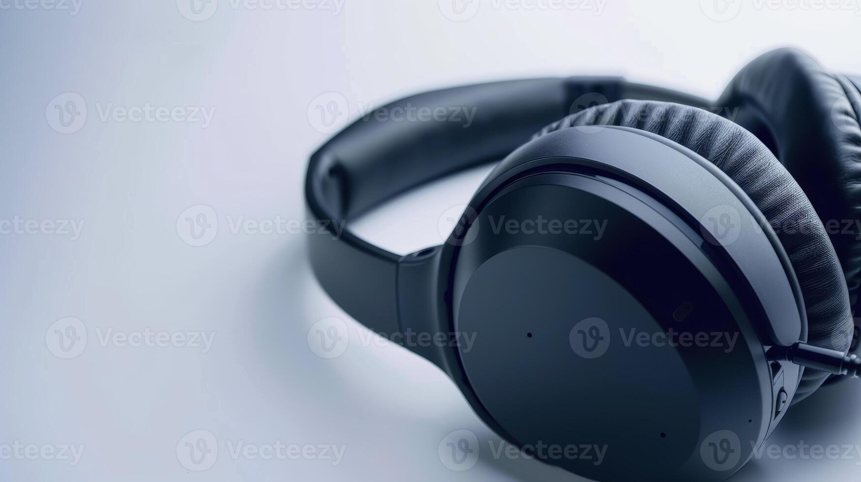 Black wireless headphones with noise cancellation resting on a white surface photo
