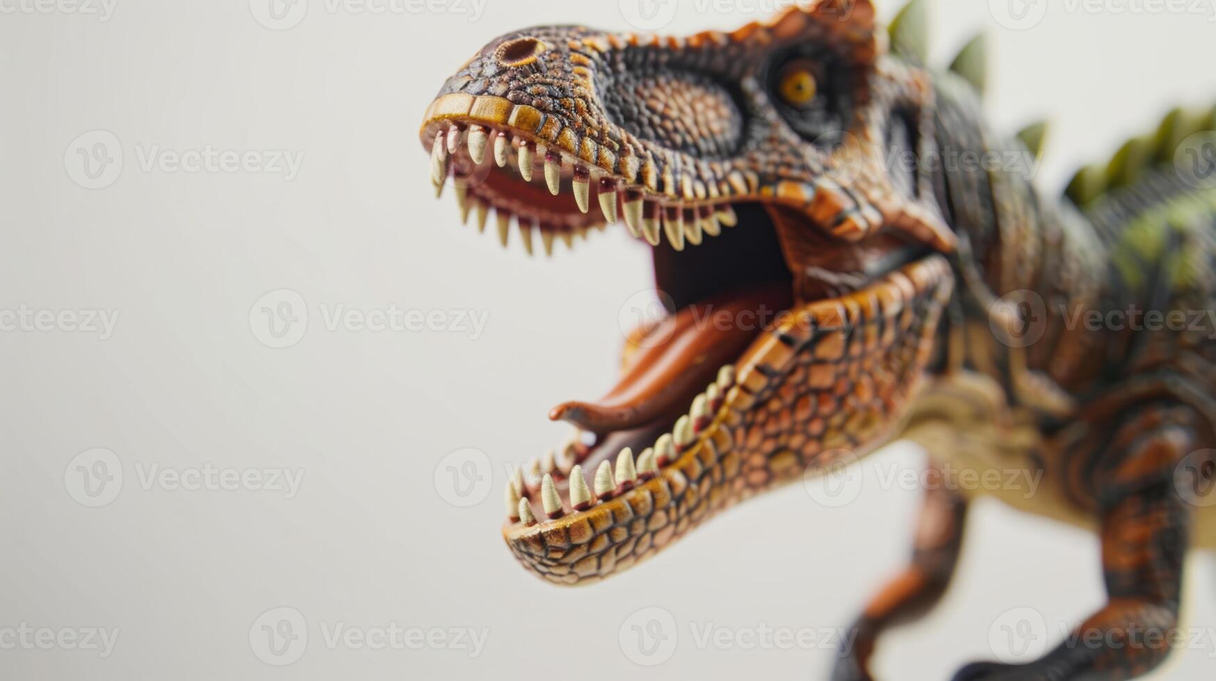 Plastic dinosaur toy with a fierce roar, bared teeth, and visible tongue exudes danger photo