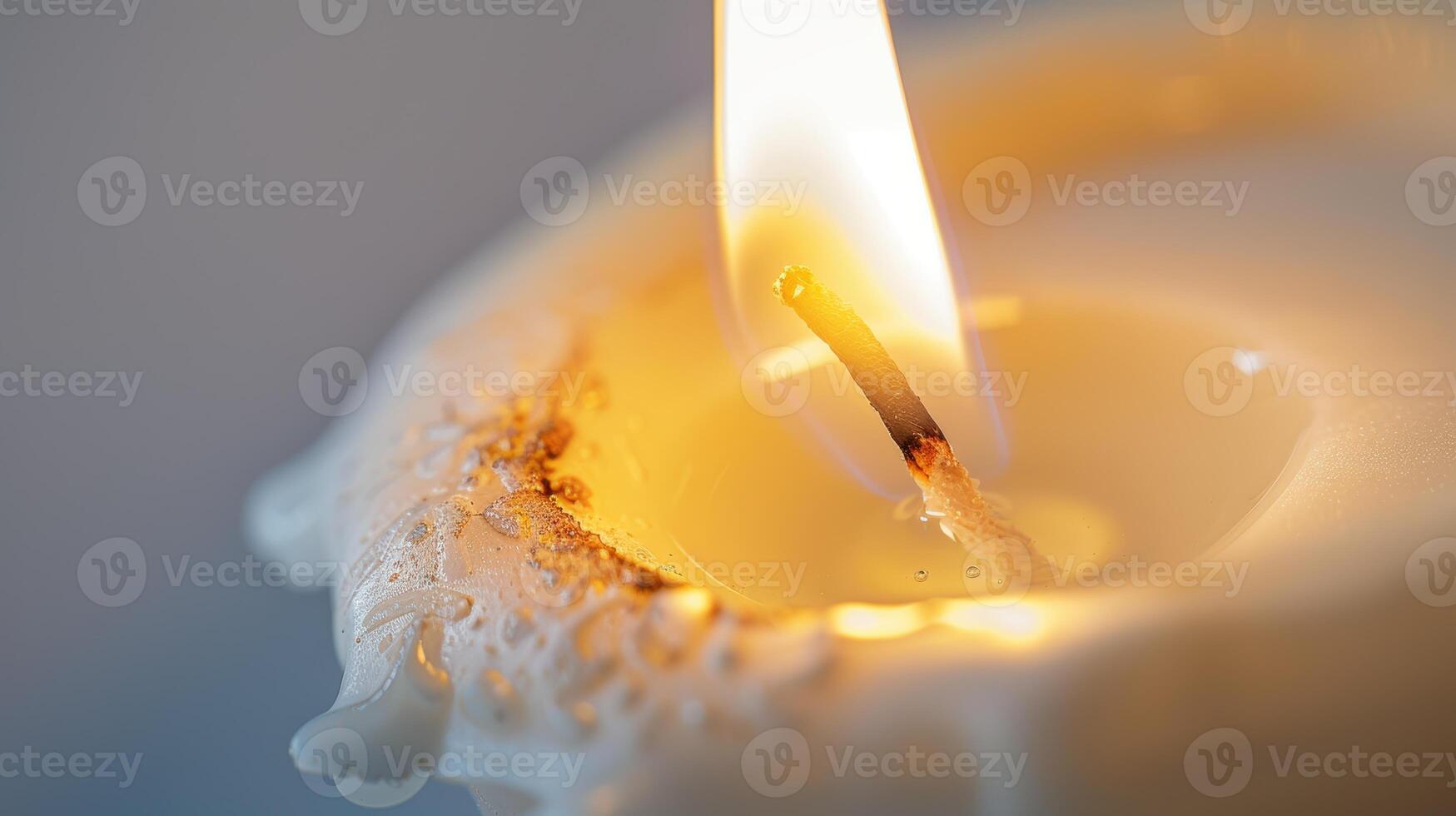 White candle burns with melted wax and a short wick, casting a cozy and welcoming light photo