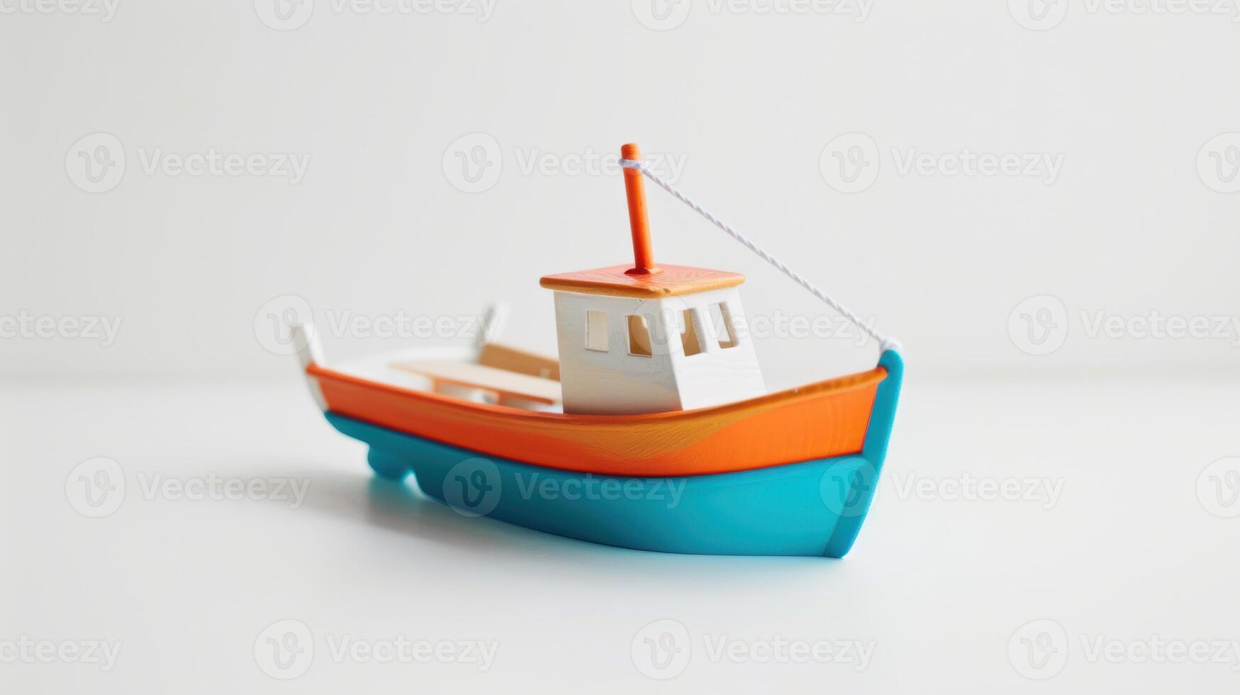 Colorful toy fishing boat standing on a white surface, representing concepts like childhood photo