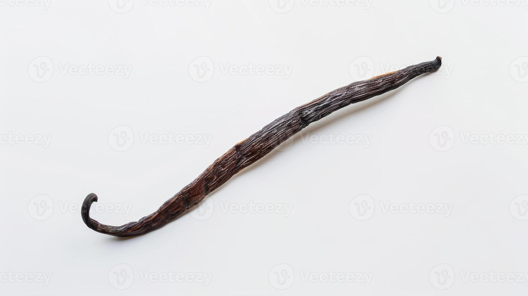 Single vanilla bean pod rests diagonally on a white surface. photo