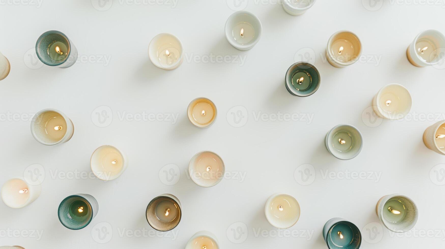 Top view image of multiple burning scented candles on a white background photo