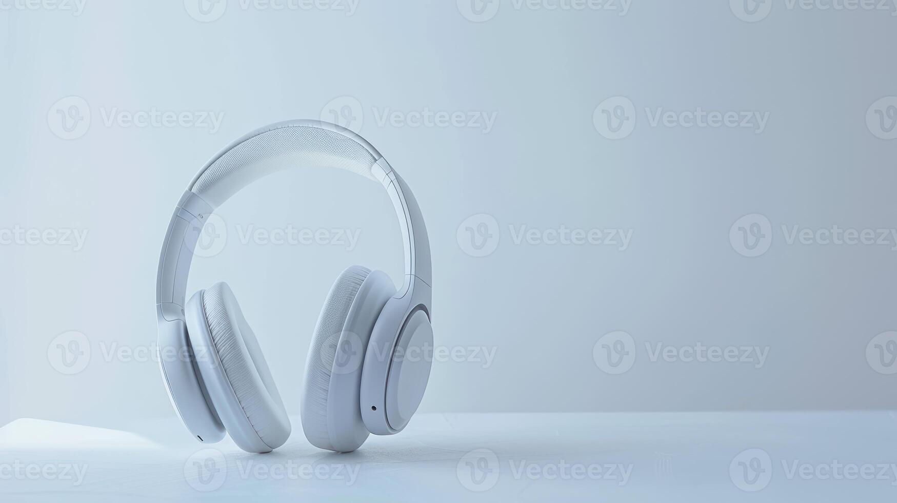 Modern wireless headphones placed on a white surface with a light blue background photo