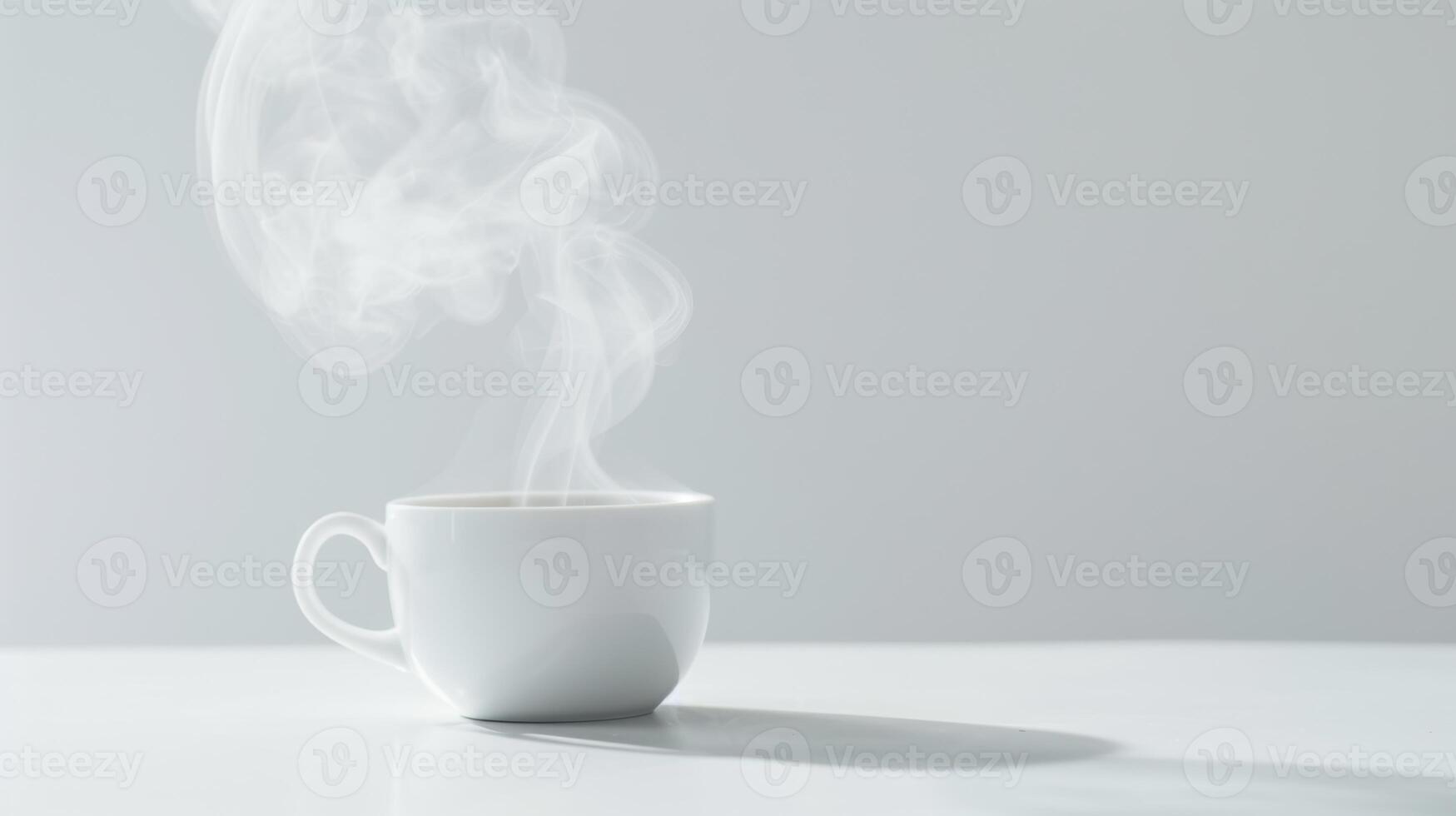 Steaming hot drink in a white cup on a neutral background photo