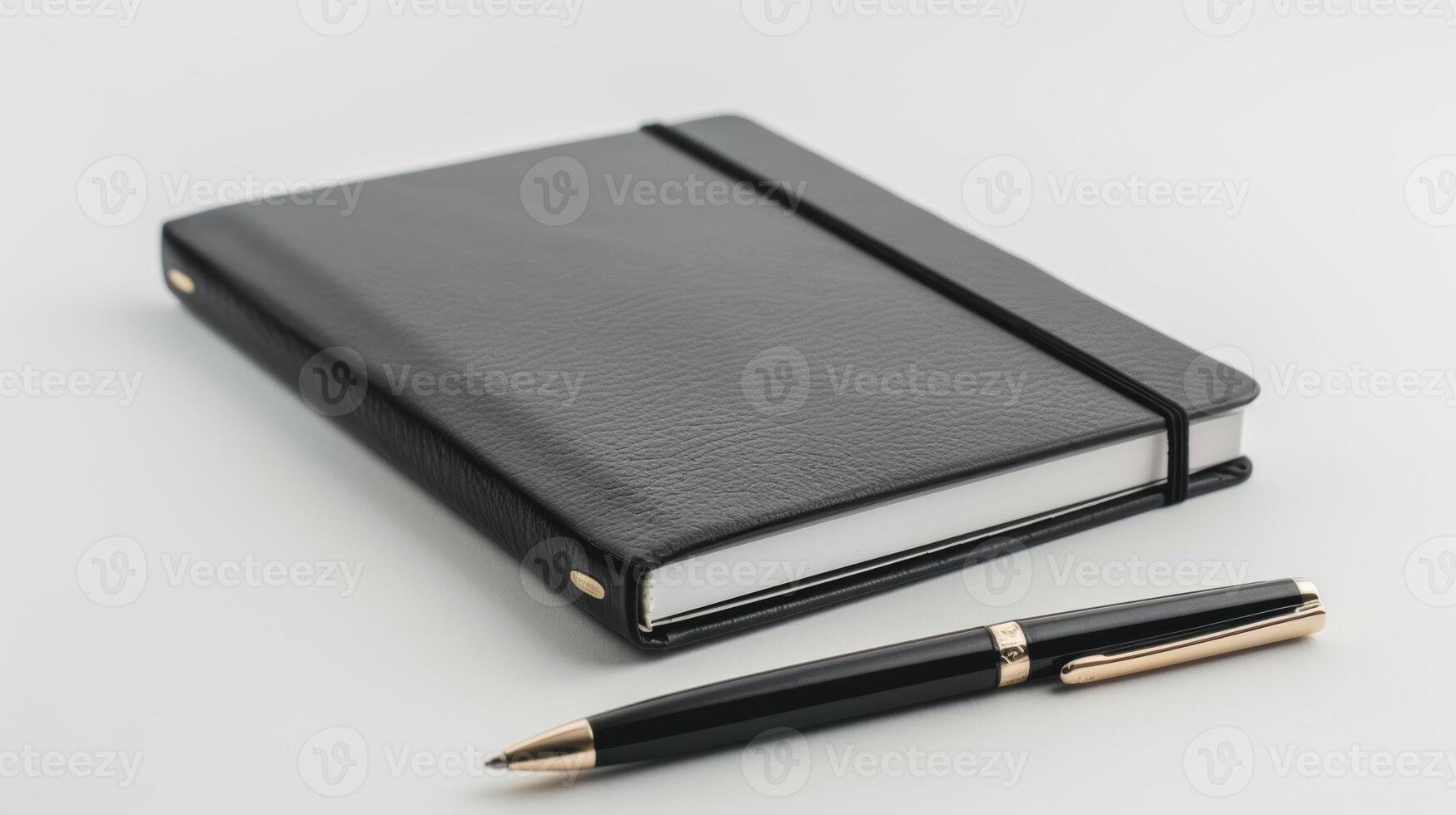 Stylish pen next to a black leather notebook with elastic closure on a white desk photo