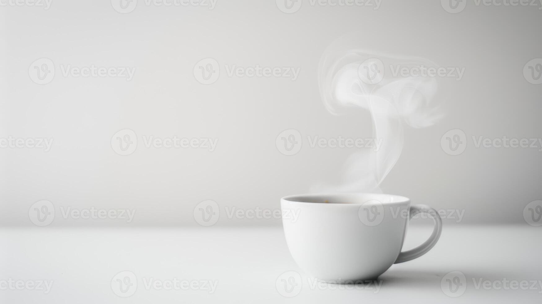 Simple and minimalist scene with a white coffee cup on a white table photo